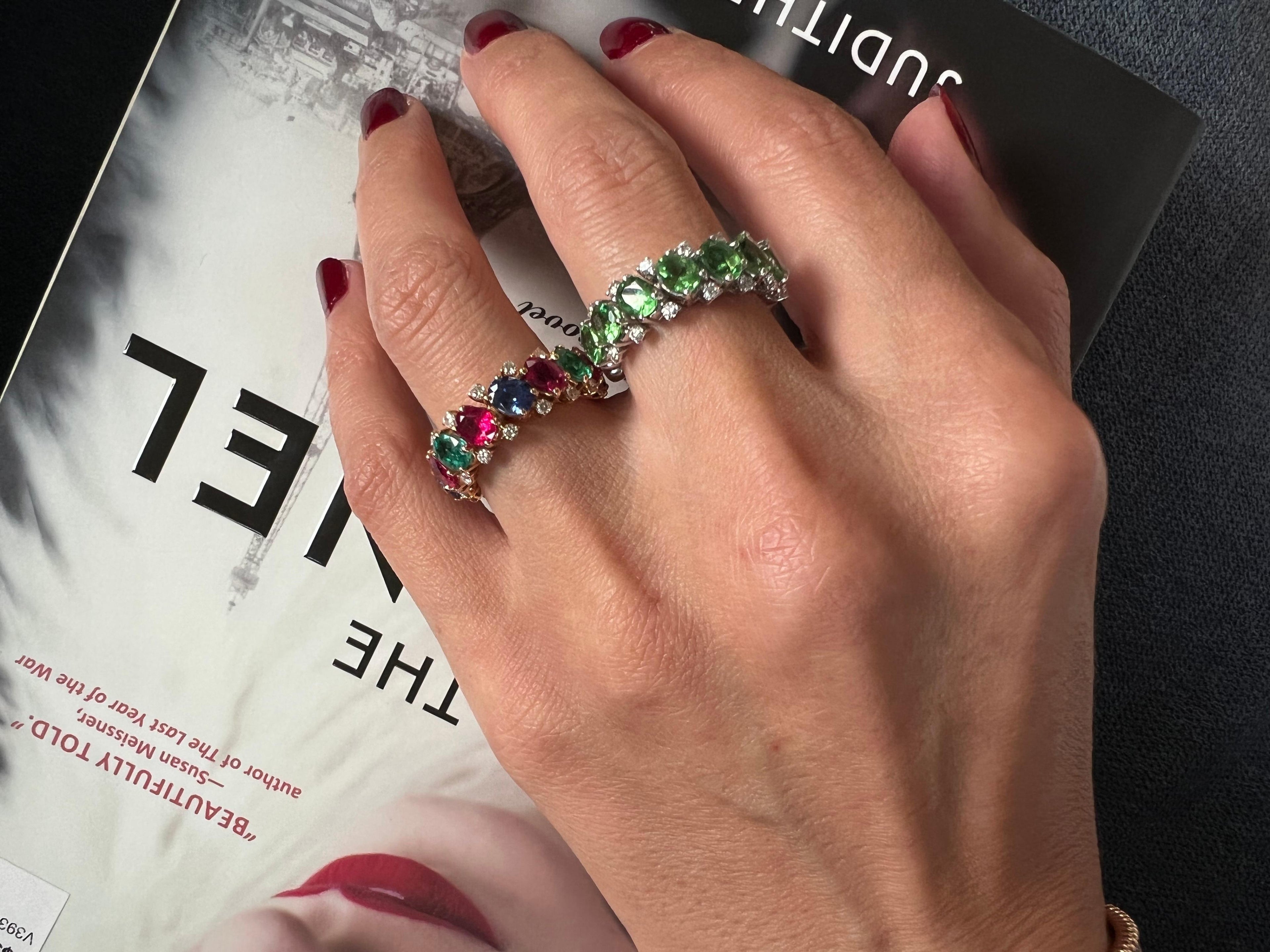 Green Garnet Tsavorite Eternity Diamond Band 18 Karat White Gold Unique Ring