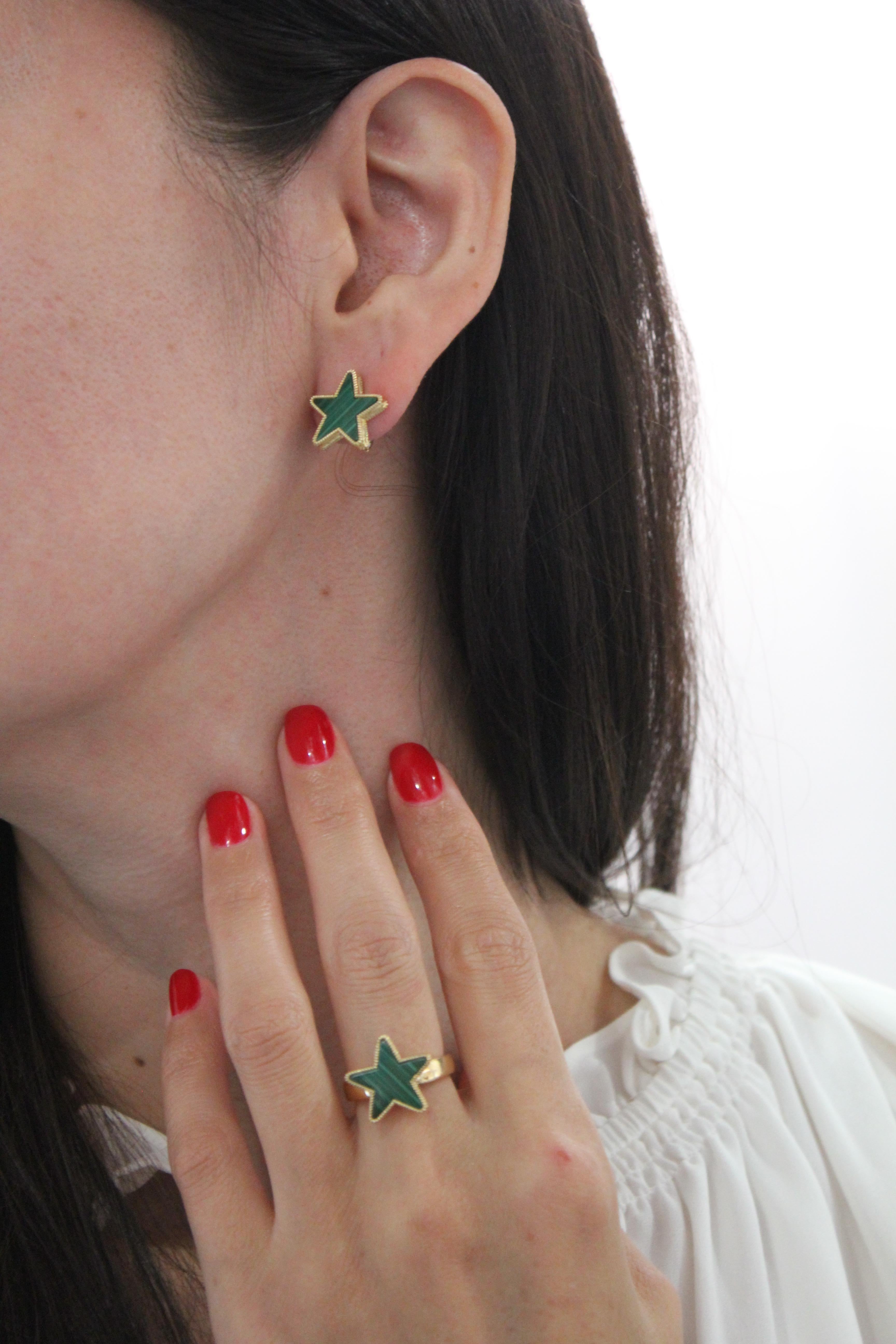 Green Malachite Star Galaxy Celestial Constellation Zodiac Yellow Gold Earrings