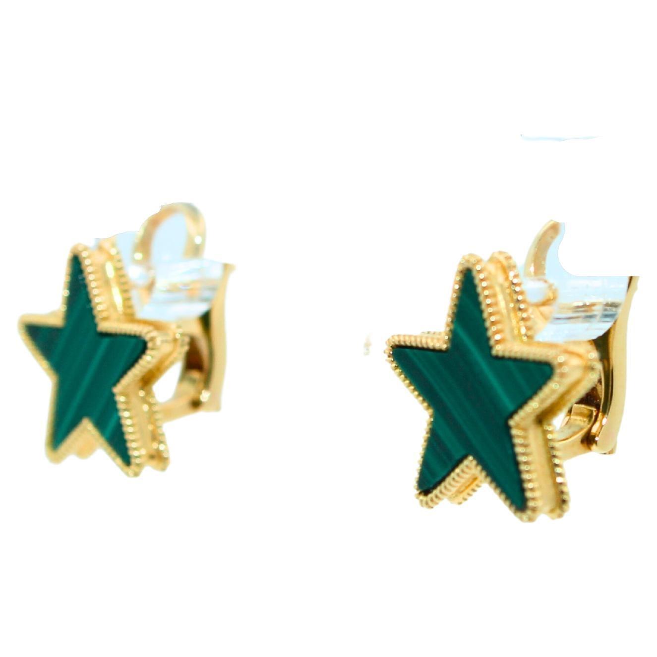 Green Malachite Star Galaxy Celestial Constellation Zodiac Yellow Gold Earrings