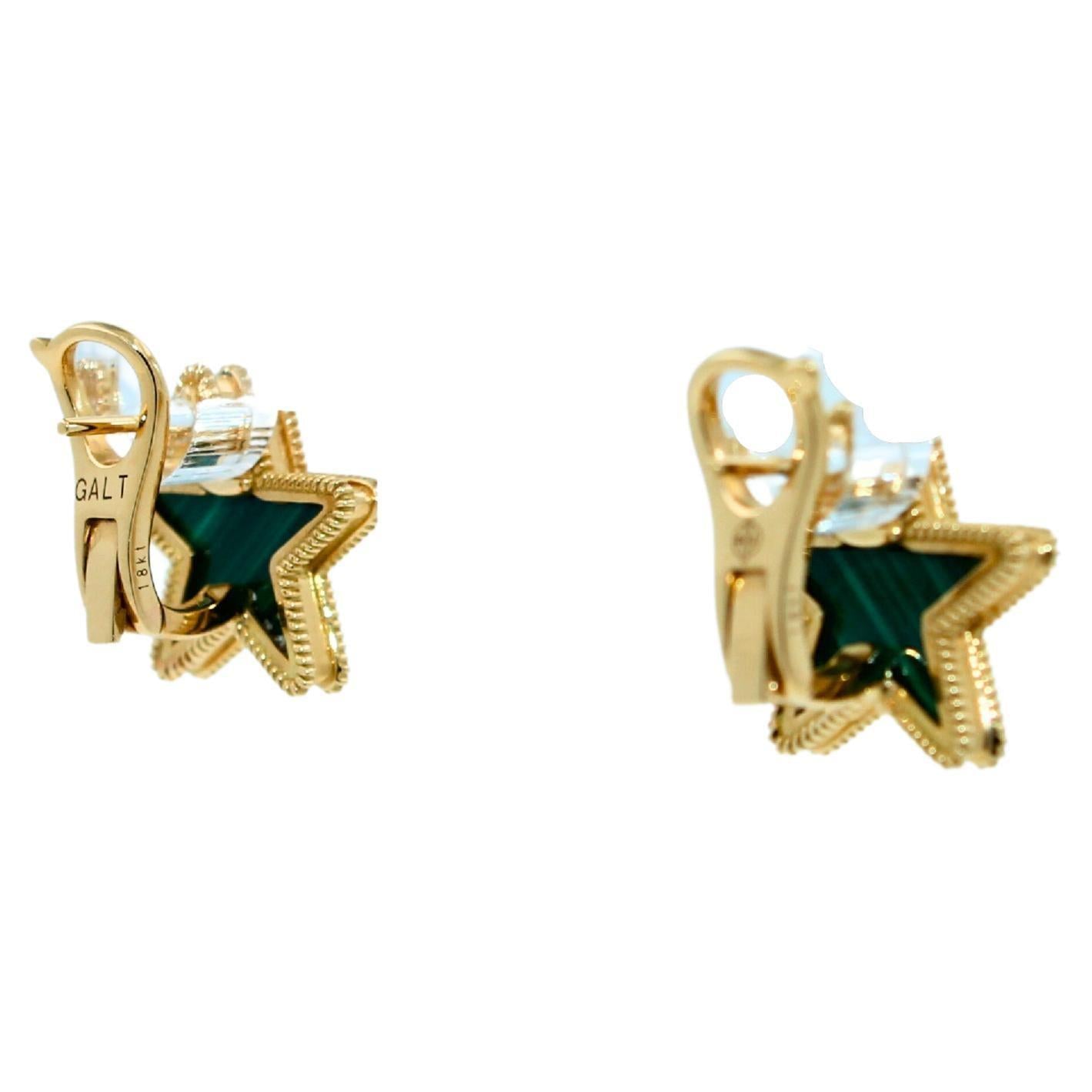 Green Malachite Star Galaxy Celestial Constellation Zodiac Yellow Gold Earrings