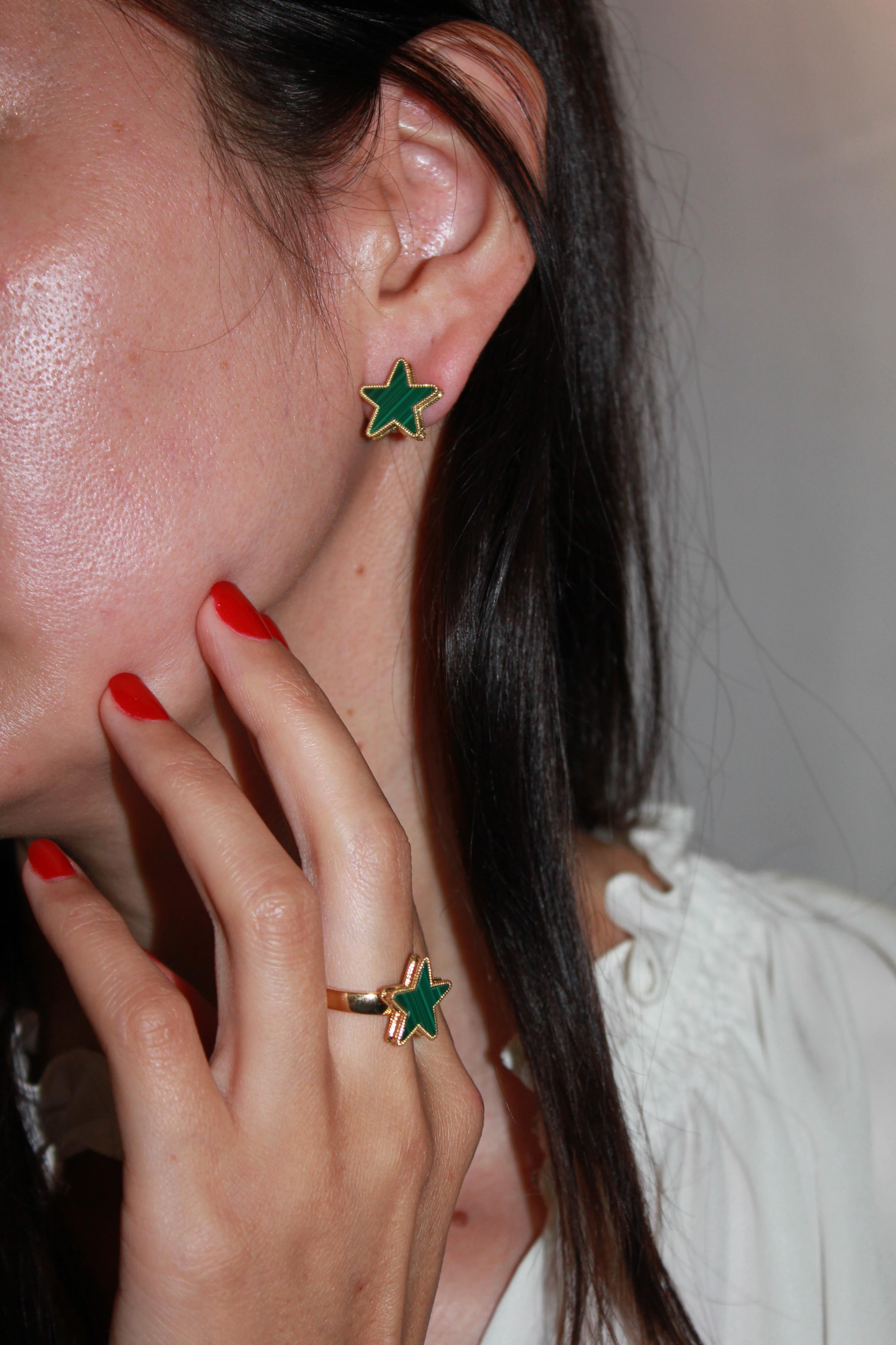Green Malachite Star Galaxy Celestial Constellation Zodiac Yellow Gold Earrings