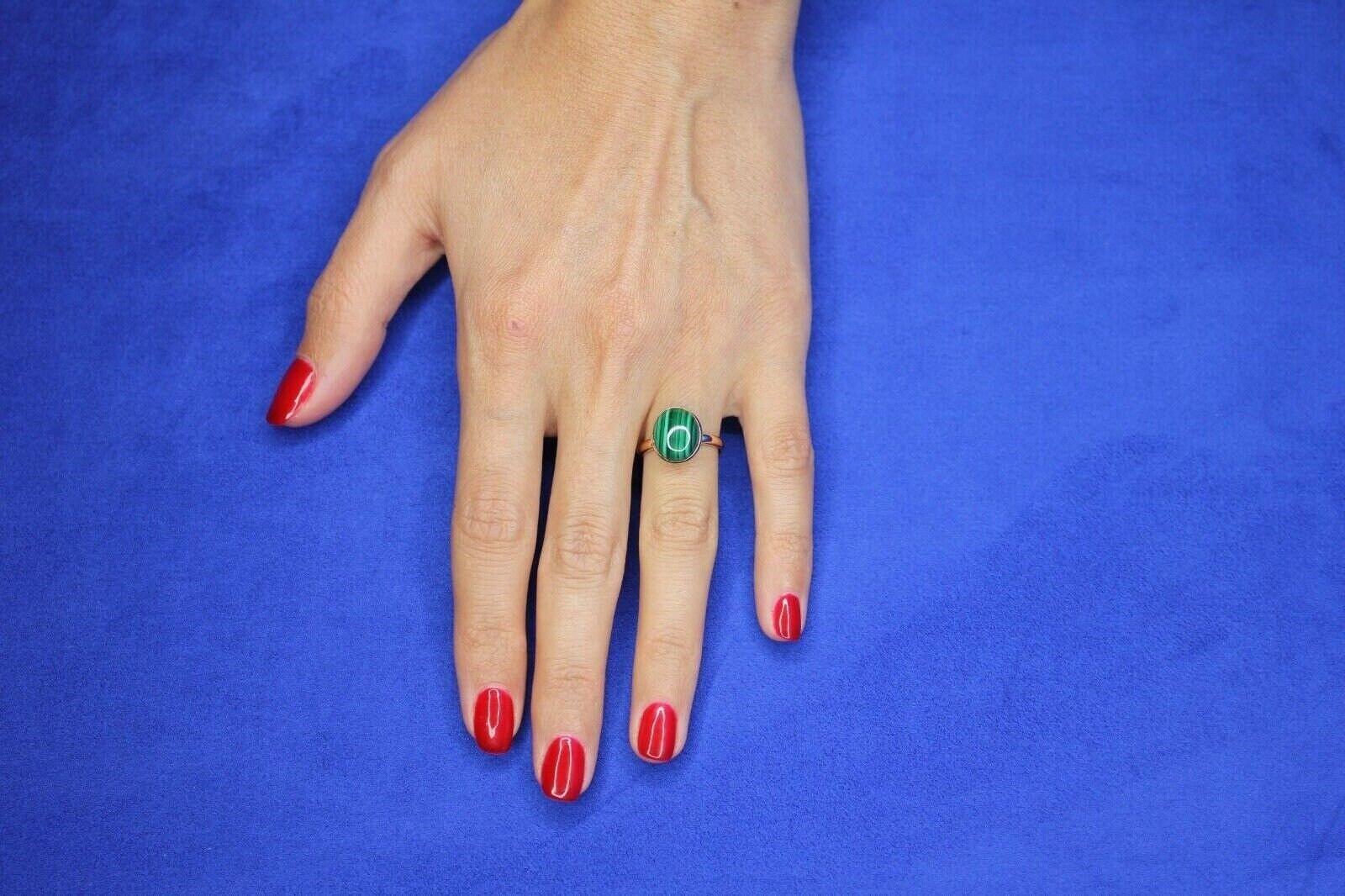 Green Oval Shape Malachite Statement Cocktail Promise Unique 14 Karat Rose Gold