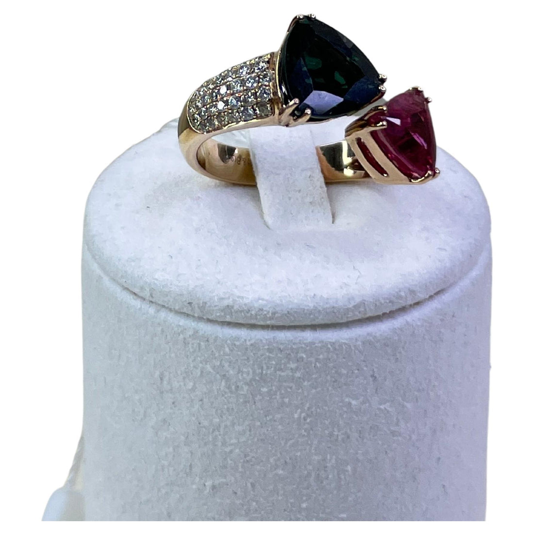 Green Pink Tourmaline Rubellite Diamond Pave Two Stone 18 Karat Rose Gold Ring