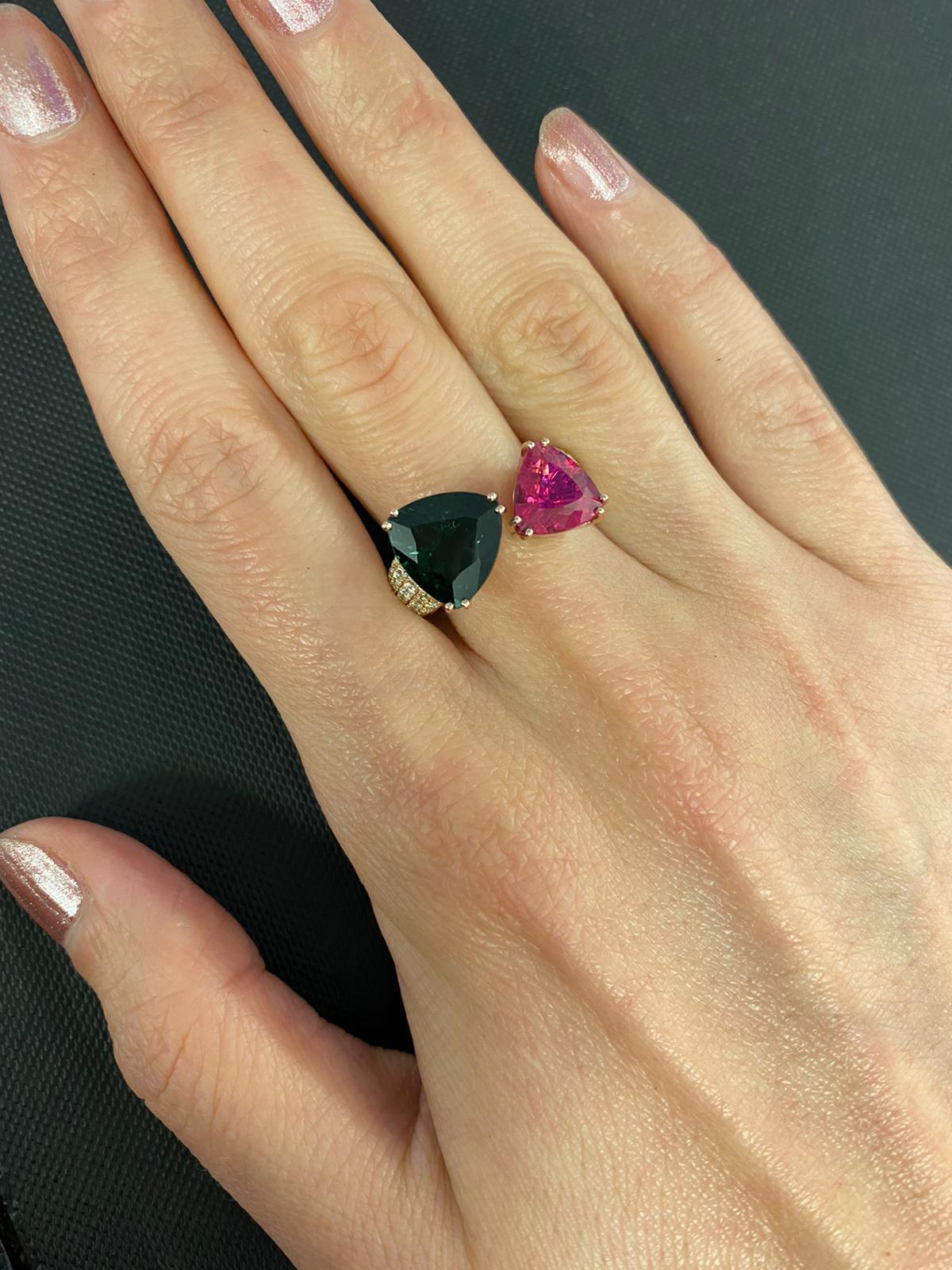 Green Pink Tourmaline Rubellite Diamond Pave Two Stone 18 Karat Rose Gold Ring