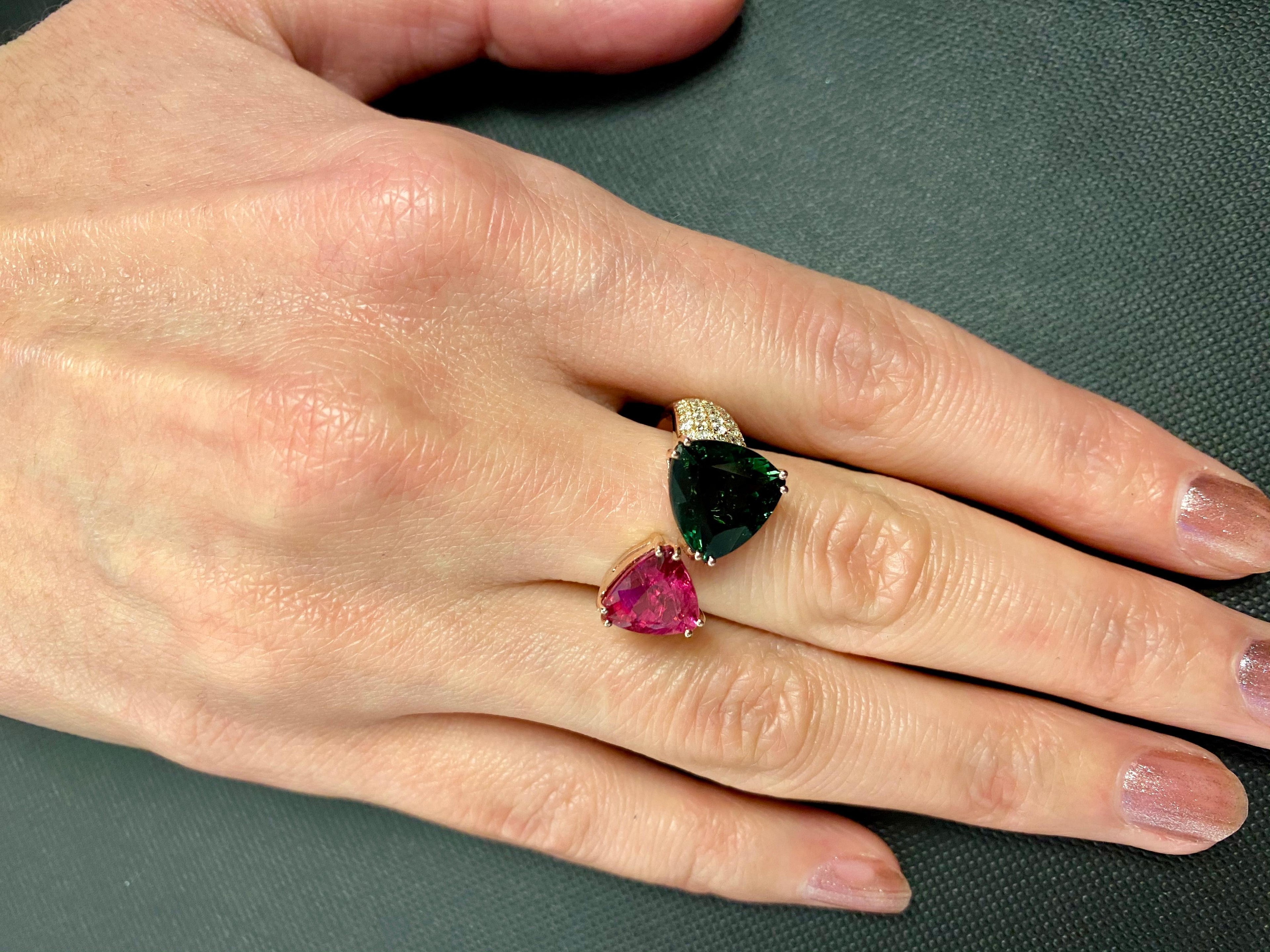 Green Pink Tourmaline Rubellite Diamond Pave Two Stone 18 Karat Rose Gold Ring