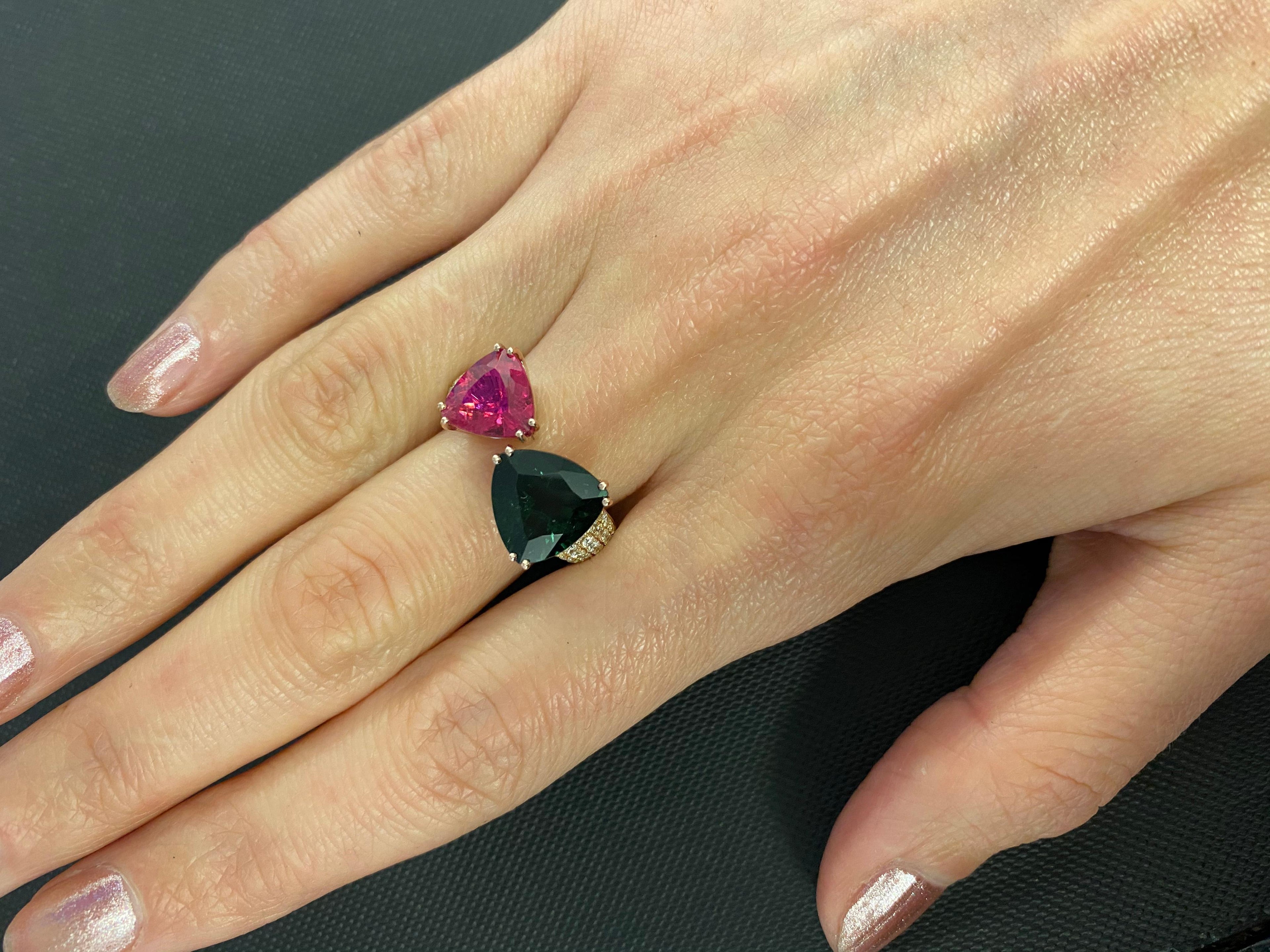Green Pink Tourmaline Rubellite Diamond Pave Two Stone 18 Karat Rose Gold Ring