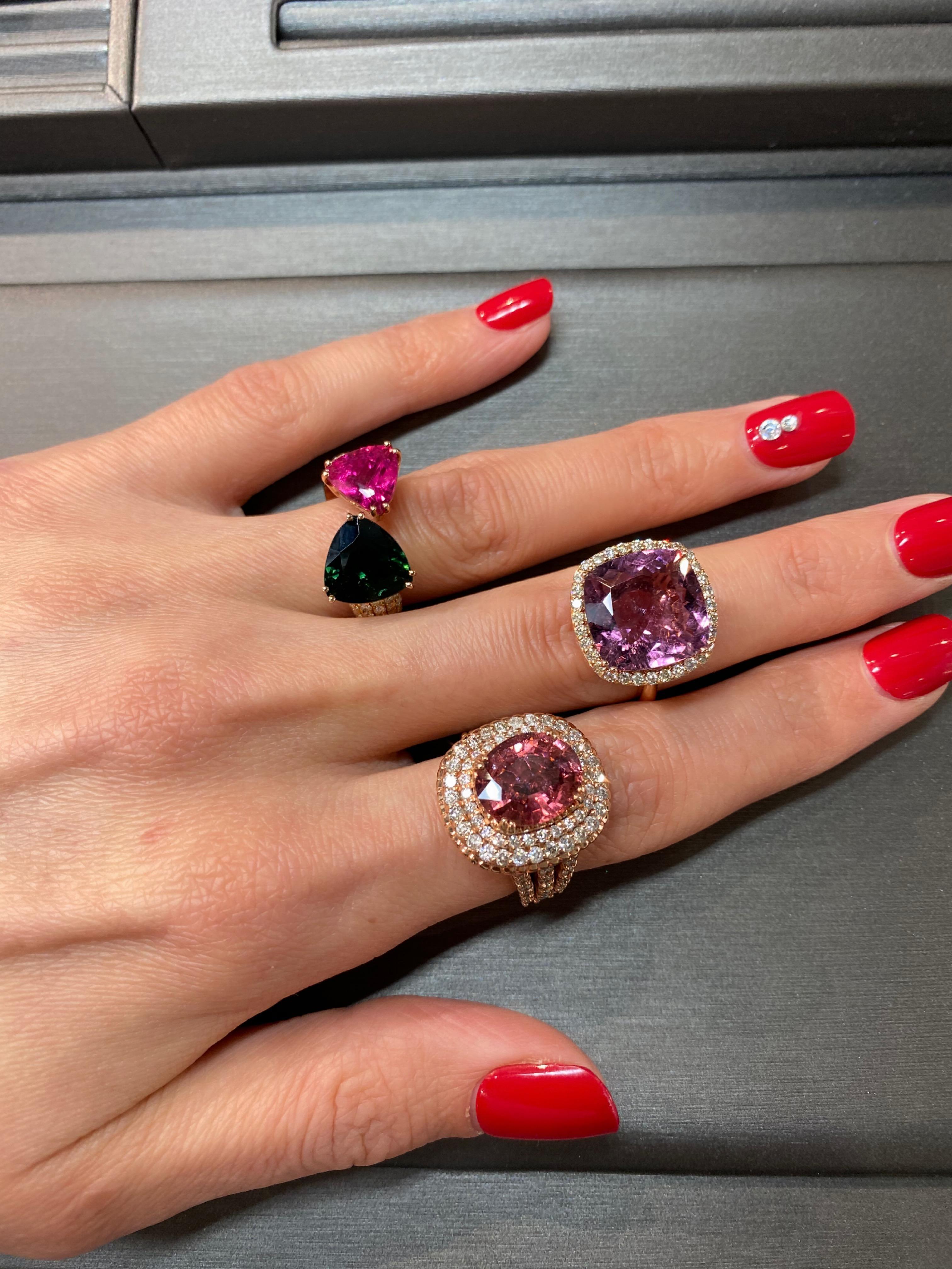 Green Pink Tourmaline Rubellite Diamond Pave Two Stone 18 Karat Rose Gold Ring