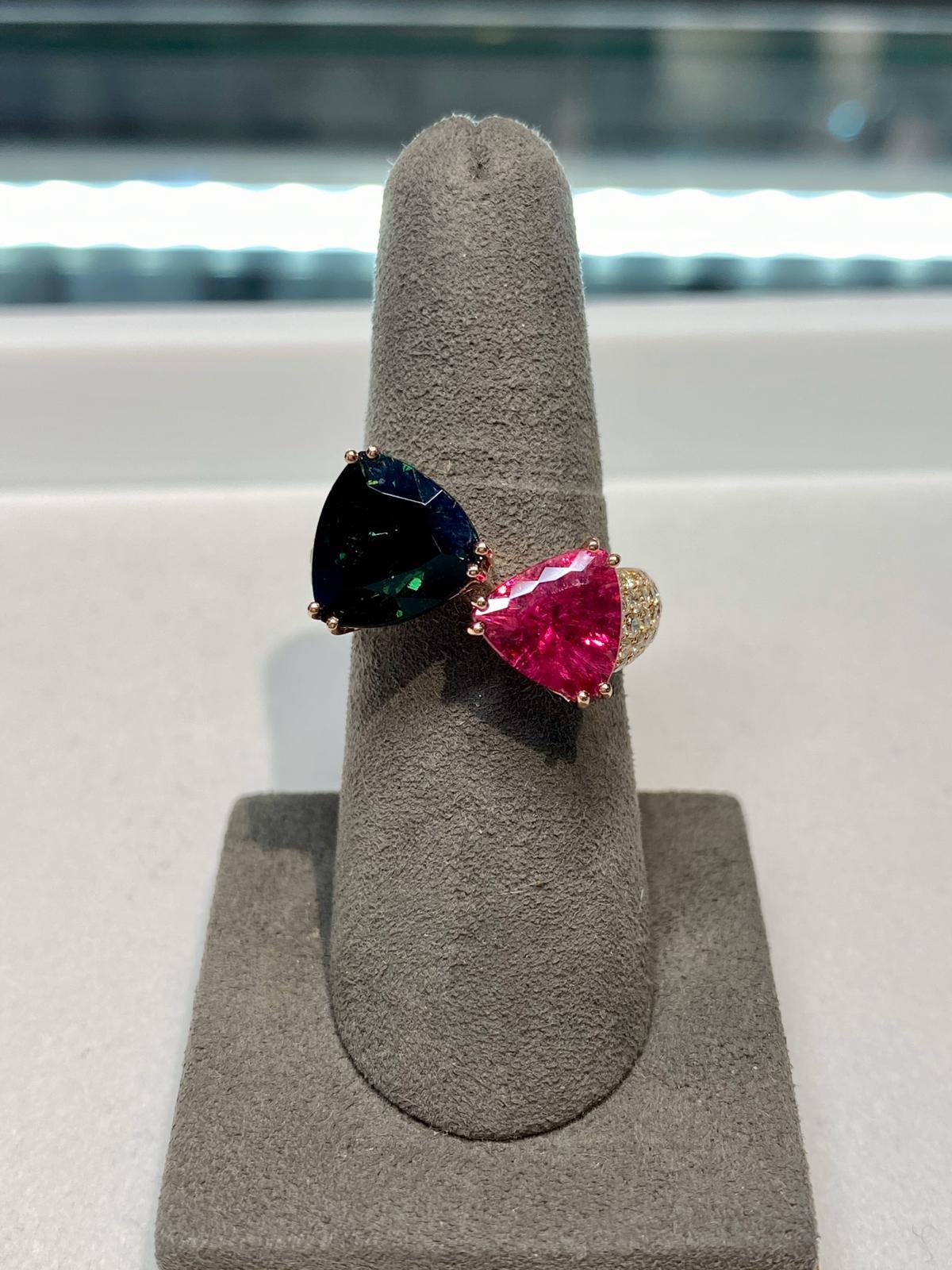 Green Pink Tourmaline Rubellite Diamond Pave Two Stone 18 Karat Rose Gold Ring