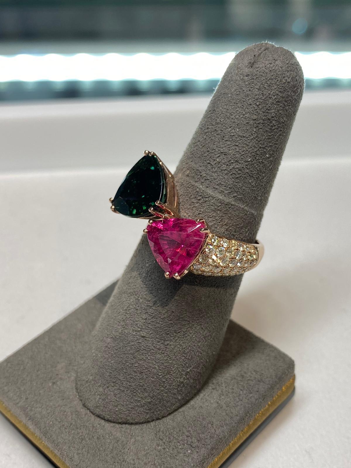 Green Pink Tourmaline Rubellite Diamond Pave Two Stone 18 Karat Rose Gold Ring