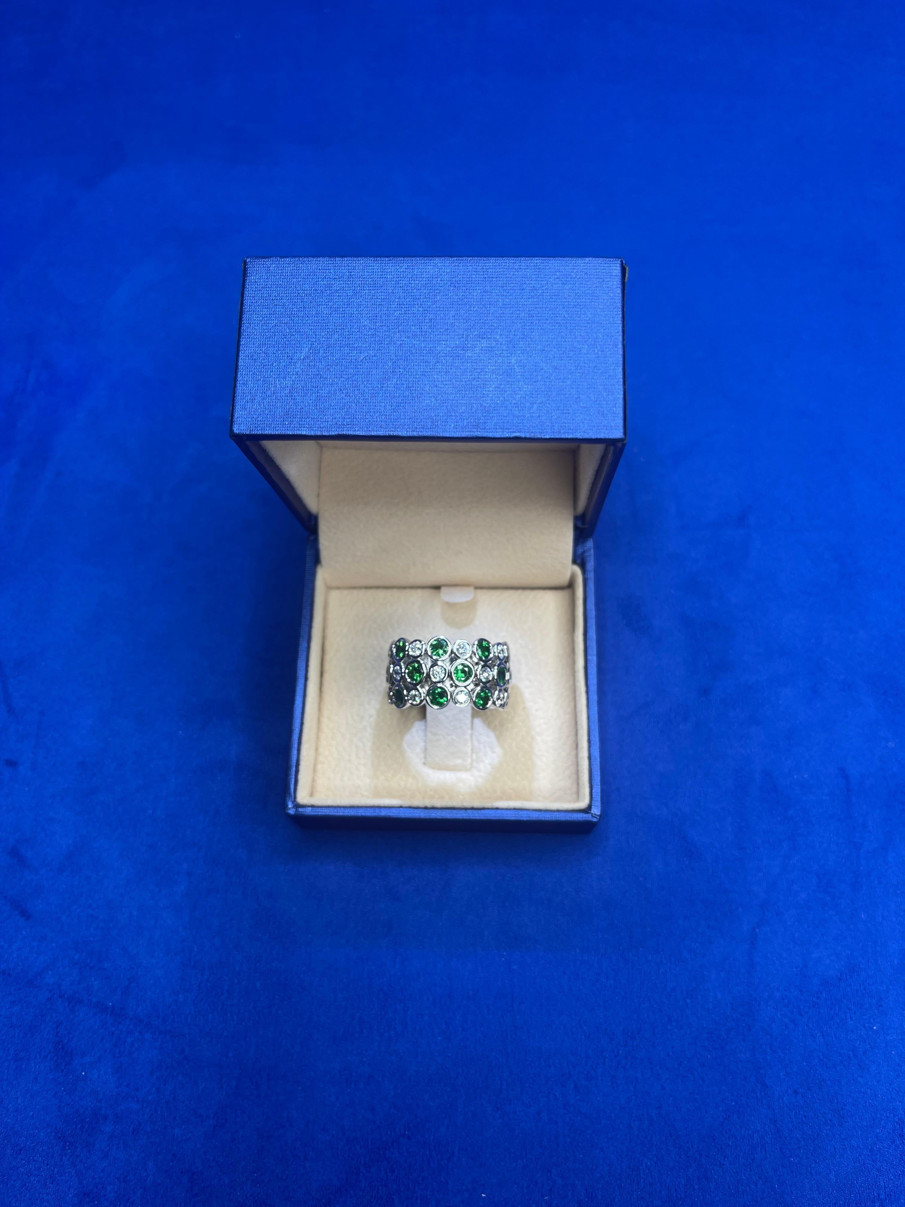 Green Tsavorite Diamond Flexible Bezel Eternity Band 18 Karat White Gold Ring