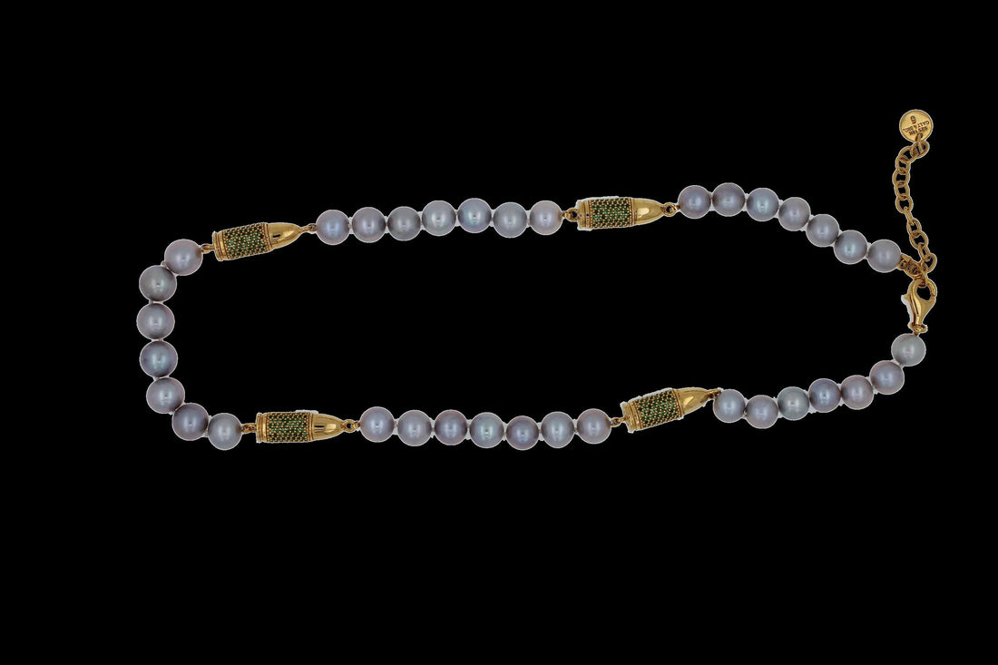 Green Tsavorite Pave Set Gold Rocket Bullet Grey Pearl 18K Gold Vermeil Sterling