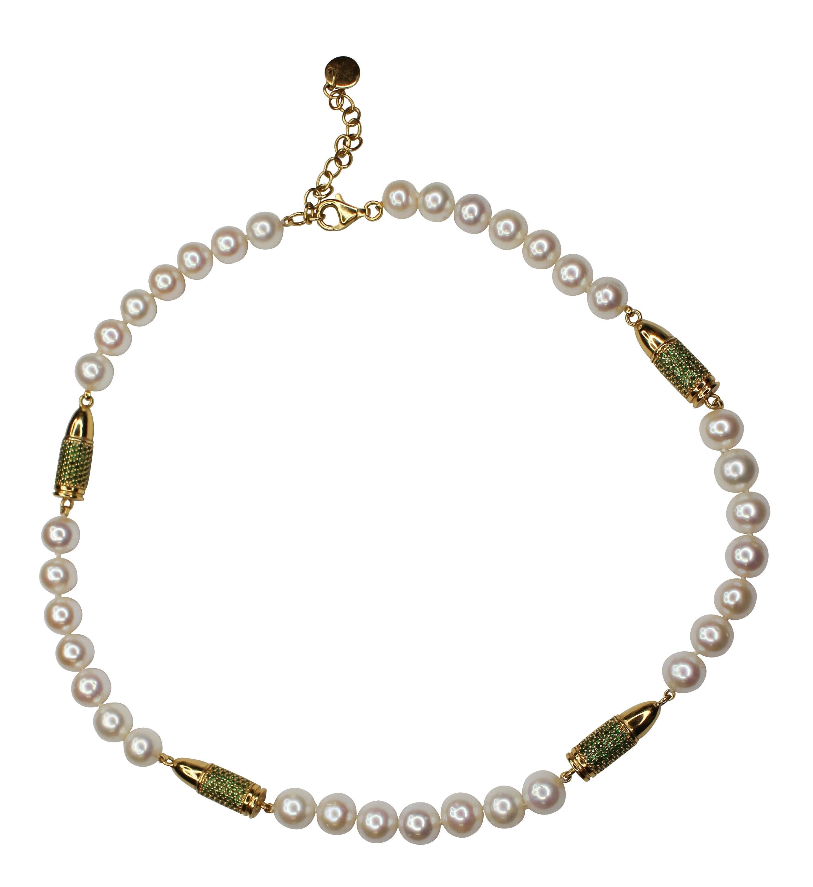 Green Tsavorite Pave Set Gold Rocket Bullet White Pearl 18K Gold Vermeil Sterlin