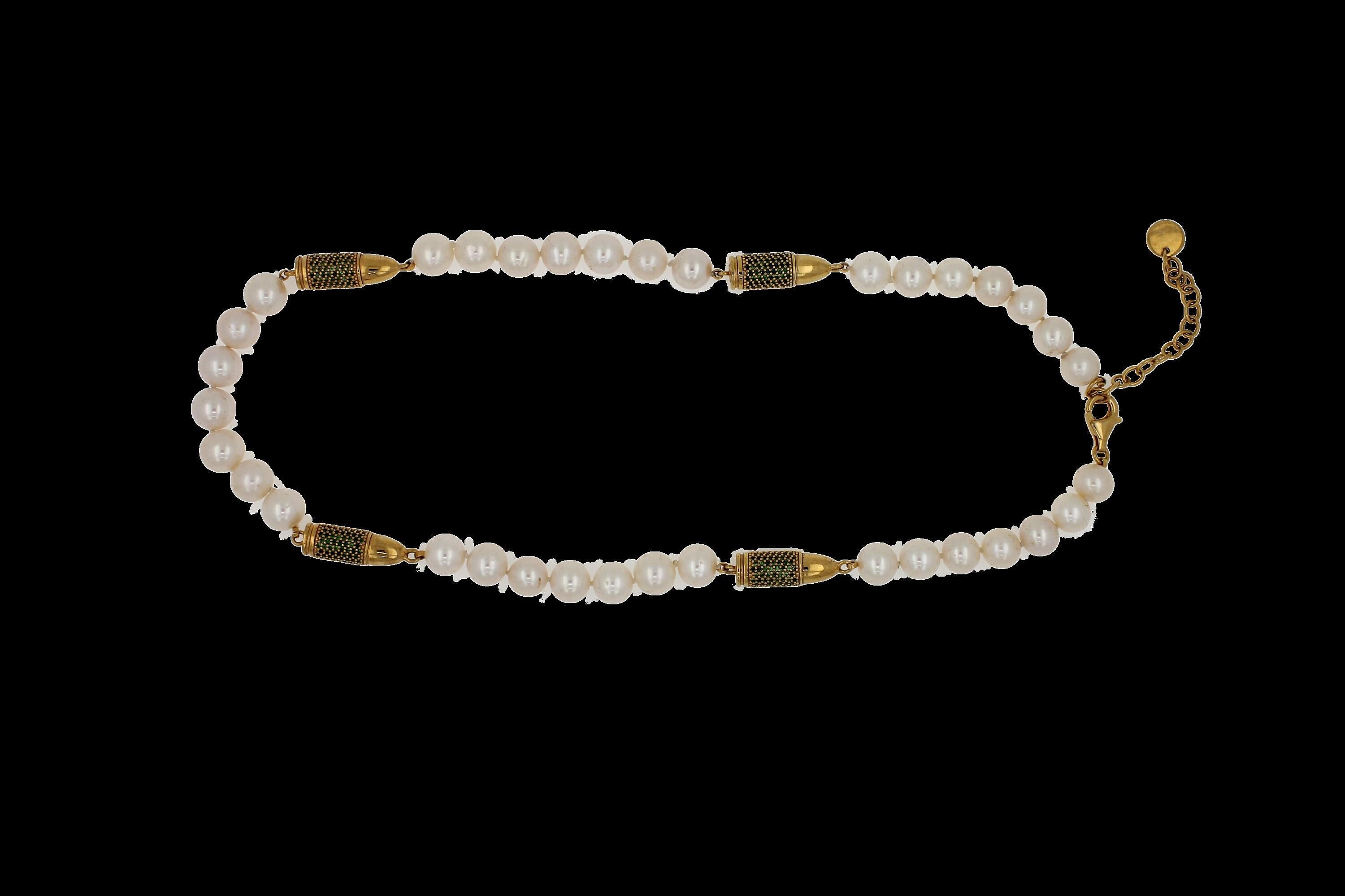 Green Tsavorite Pave Set Gold Rocket Bullet White Pearl 18K Gold Vermeil Sterlin