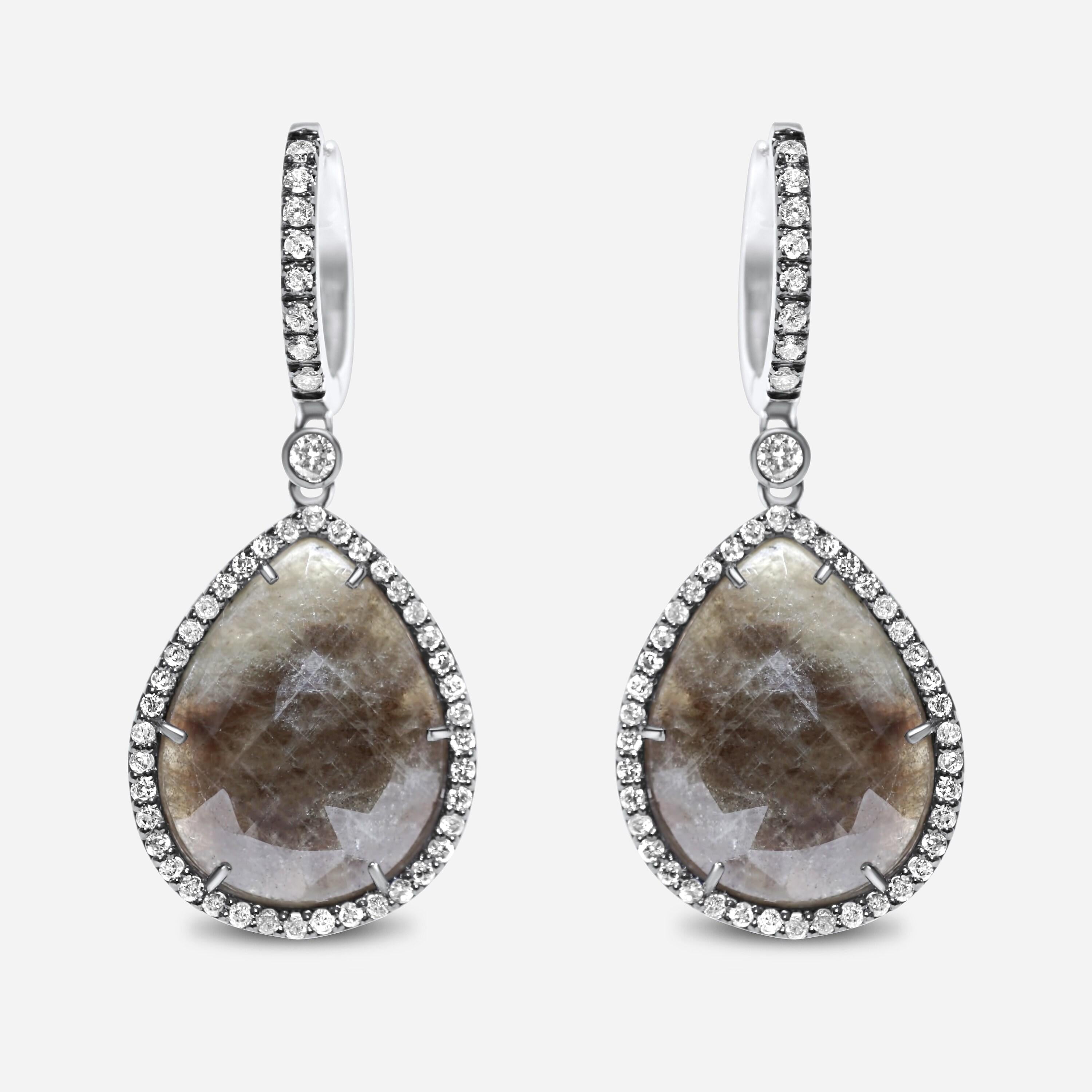 Grey Silvery Dark Green Black Sapphire Faceted Cabochon Slice Diamond Halo Drop