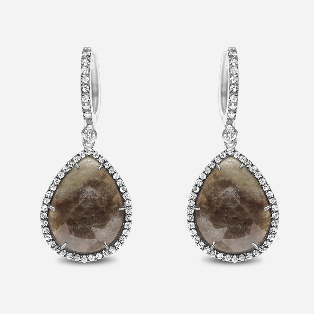 Grey Silvery Dark Green Black Sapphire Faceted Cabochon Slice Diamond Halo Drop