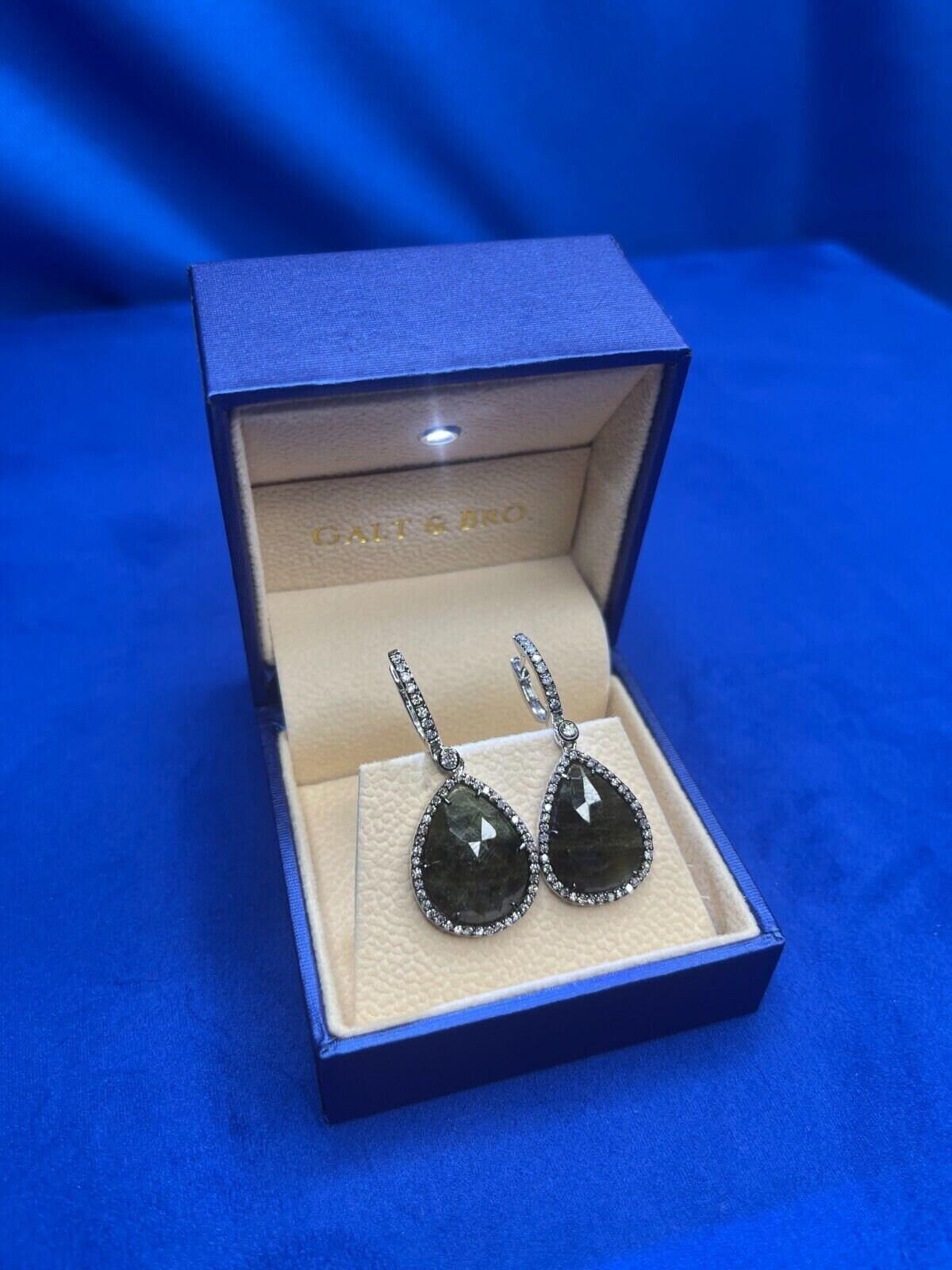 Grey Silvery Dark Green Black Sapphire Faceted Cabochon Slice Diamond Halo Drop