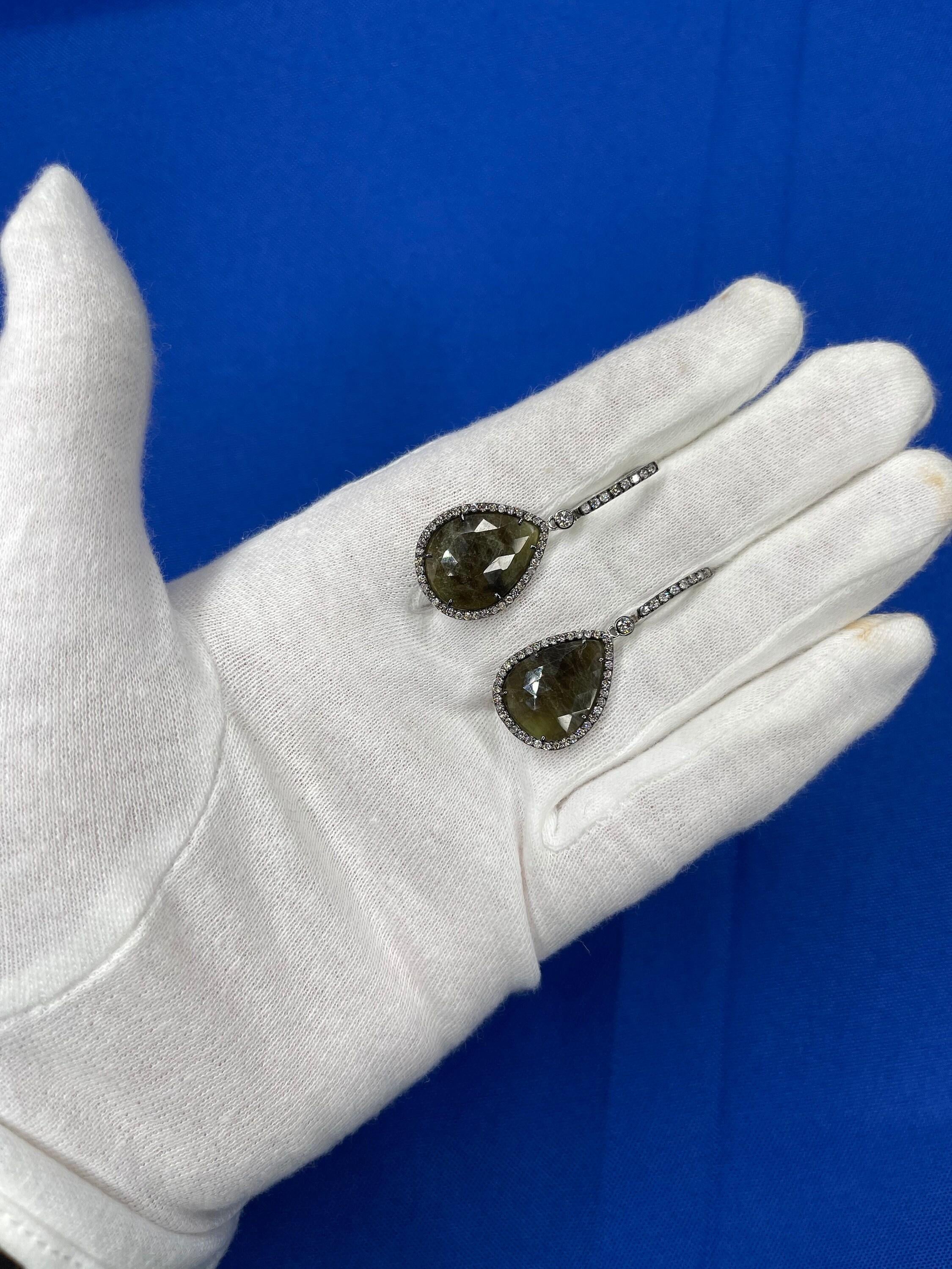 Grey Silvery Dark Green Black Sapphire Faceted Cabochon Slice Diamond Halo Drop