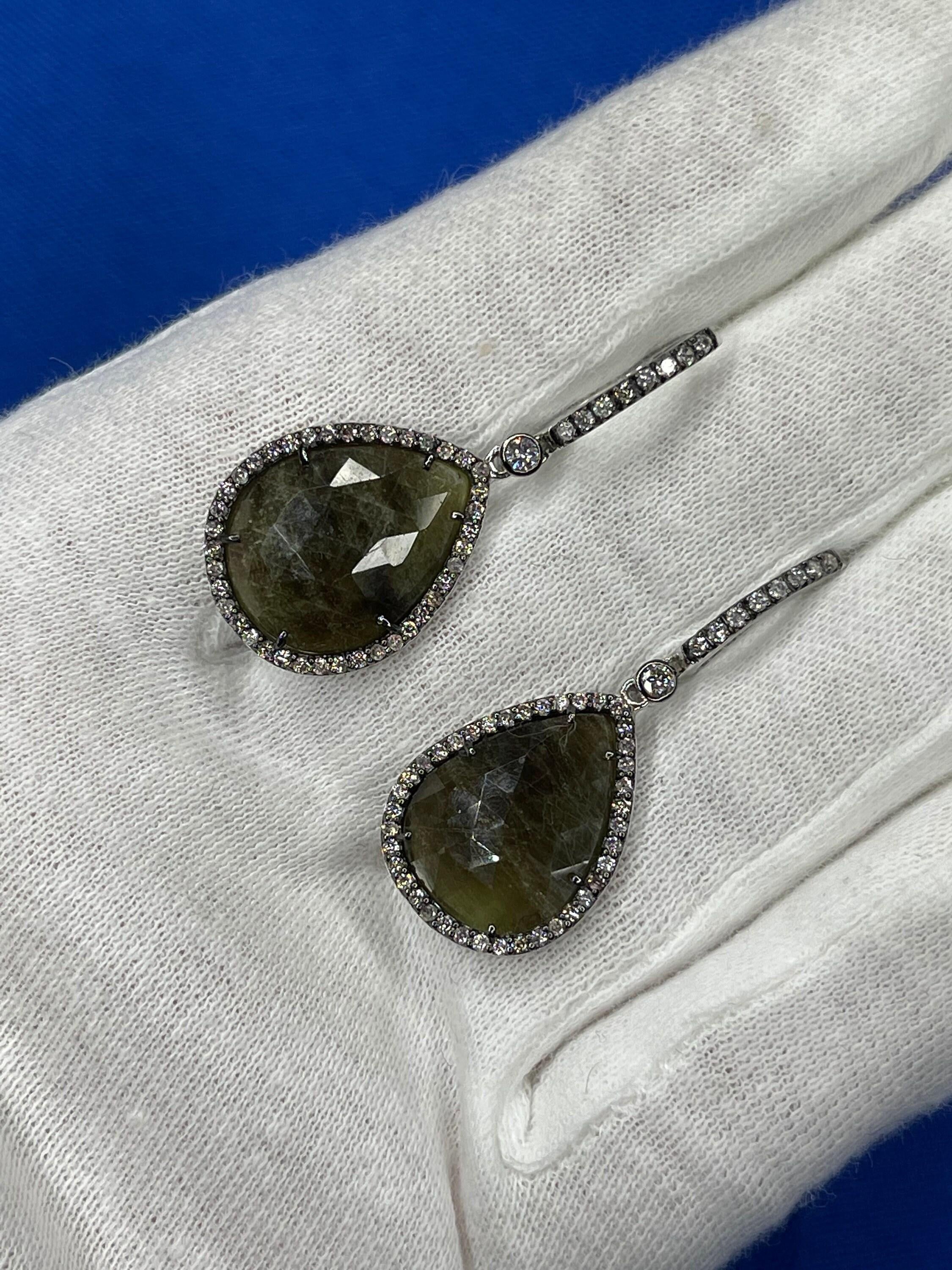 Grey Silvery Dark Green Black Sapphire Faceted Cabochon Slice Diamond Halo Drop
