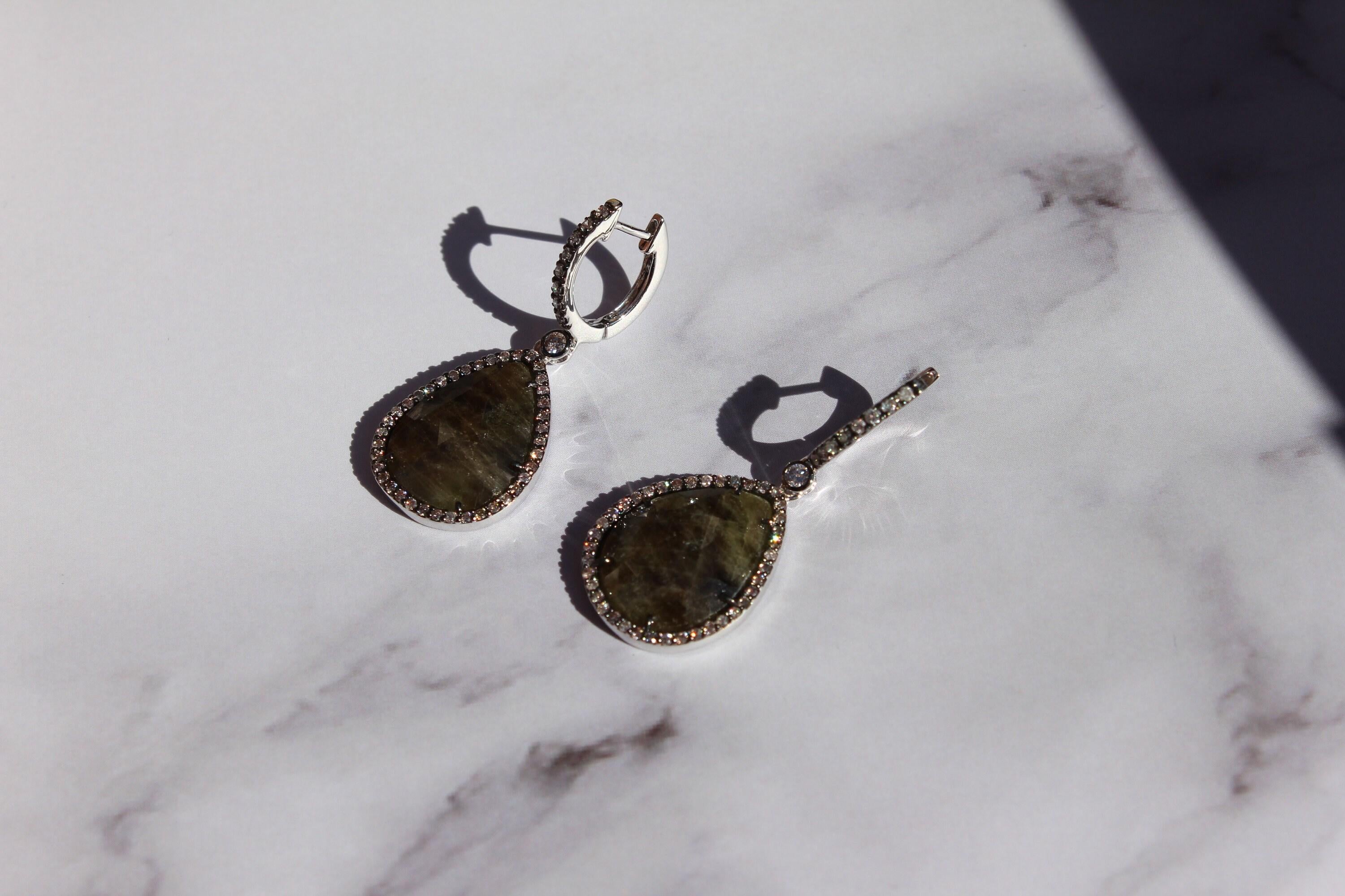 Grey Silvery Dark Green Black Sapphire Faceted Cabochon Slice Diamond Halo Drop