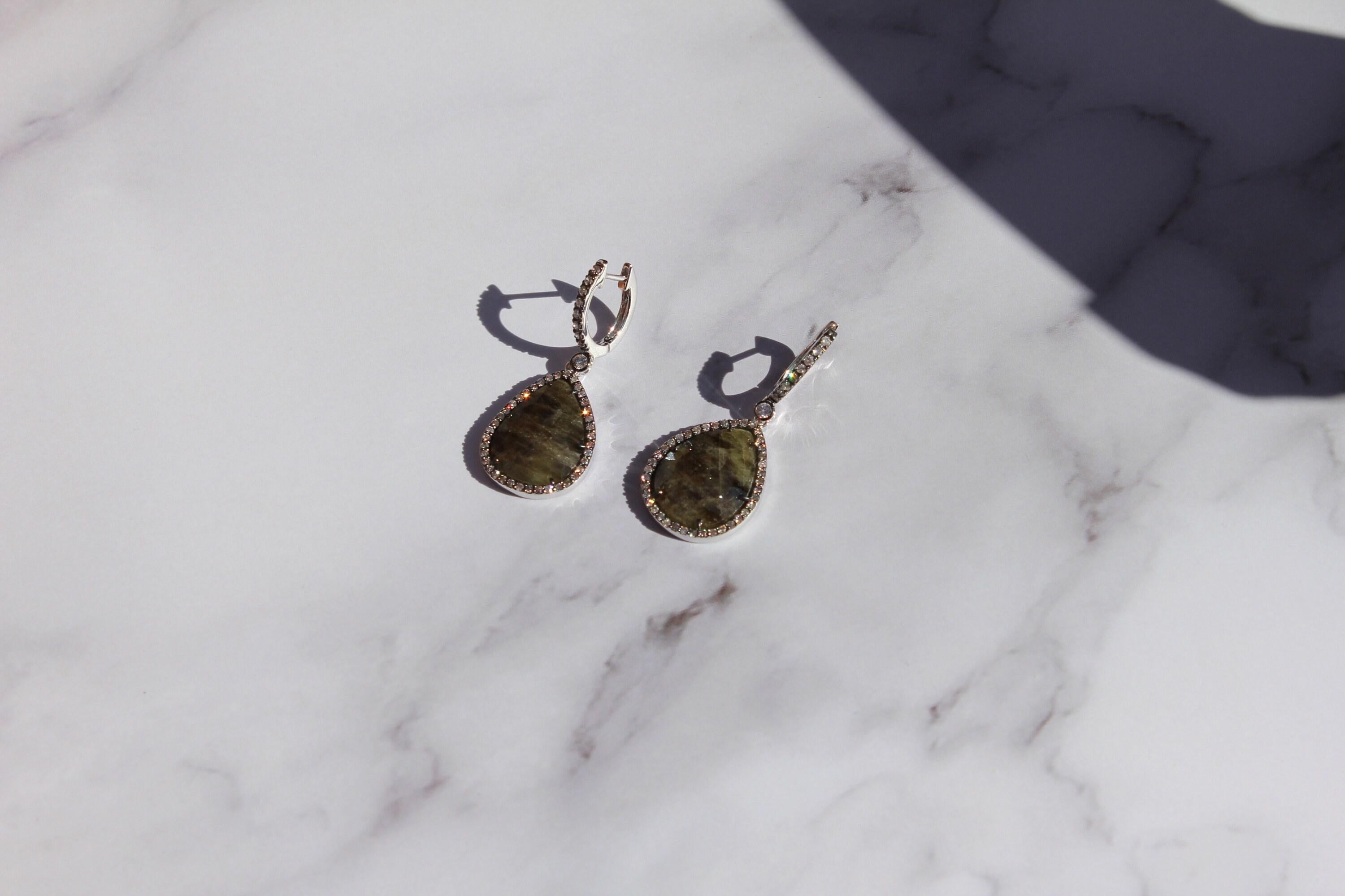 Grey Silvery Dark Green Black Sapphire Faceted Cabochon Slice Diamond Halo Drop