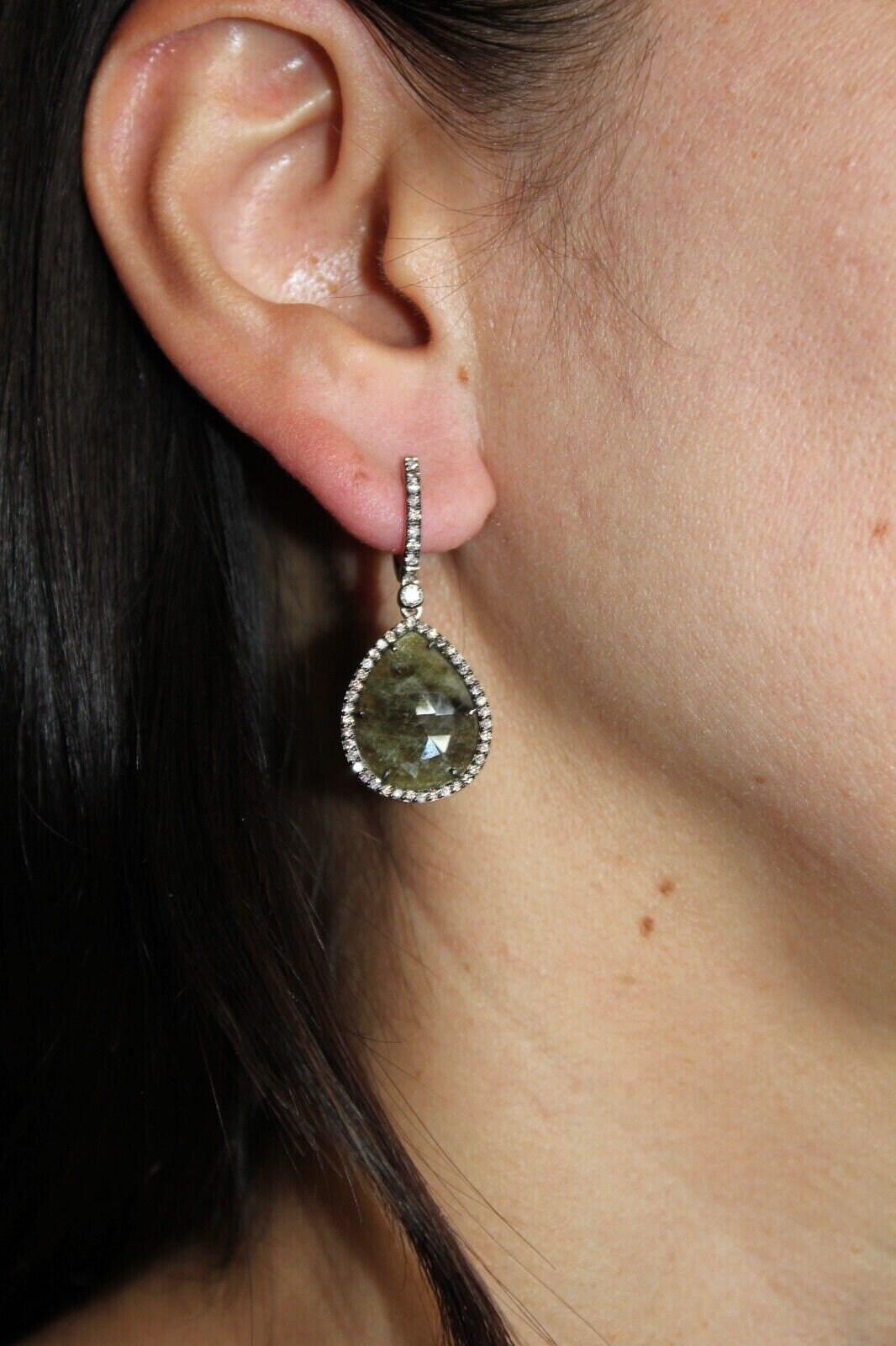 Grey Silvery Dark Green Black Sapphire Faceted Cabochon Slice Diamond Halo Drop