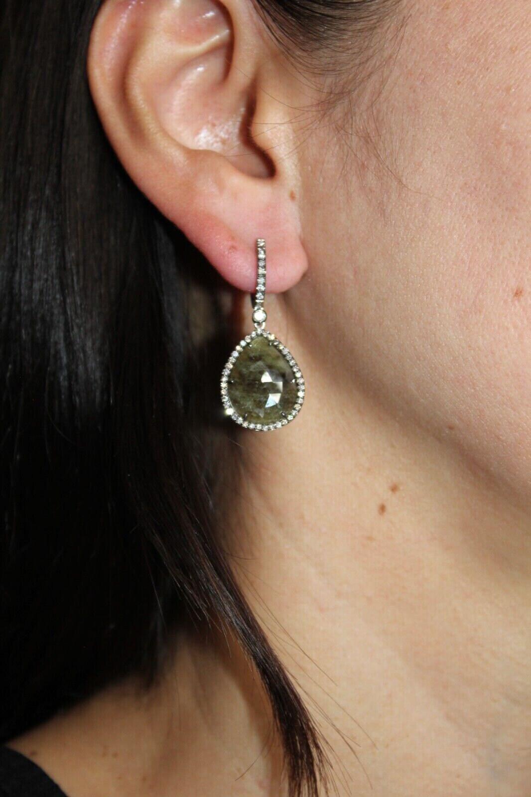 Grey Silvery Dark Green Black Sapphire Faceted Cabochon Slice Diamond Halo Drop