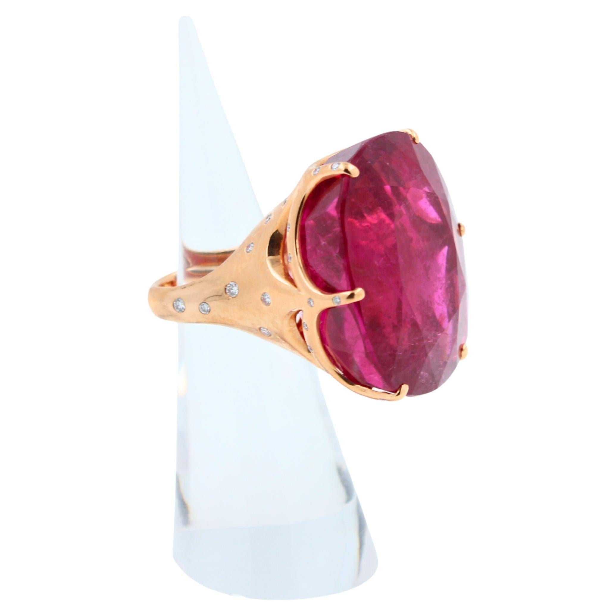 Huge Unique 110 Carats Red Pink Maroon Rubellite 18k Rose Gold Diamond Ring