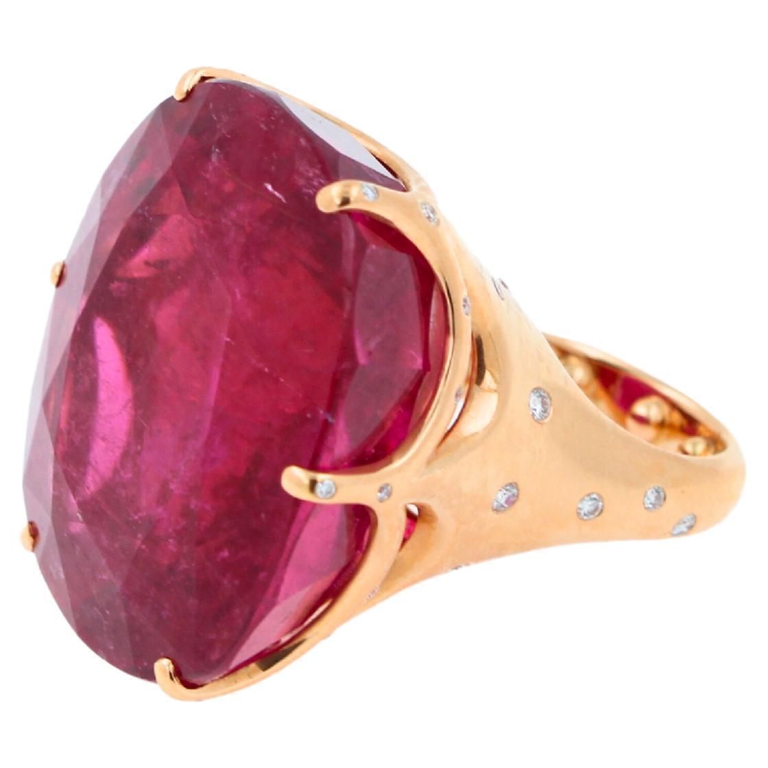 Huge Unique 110 Carats Red Pink Maroon Rubellite 18k Rose Gold Diamond Ring