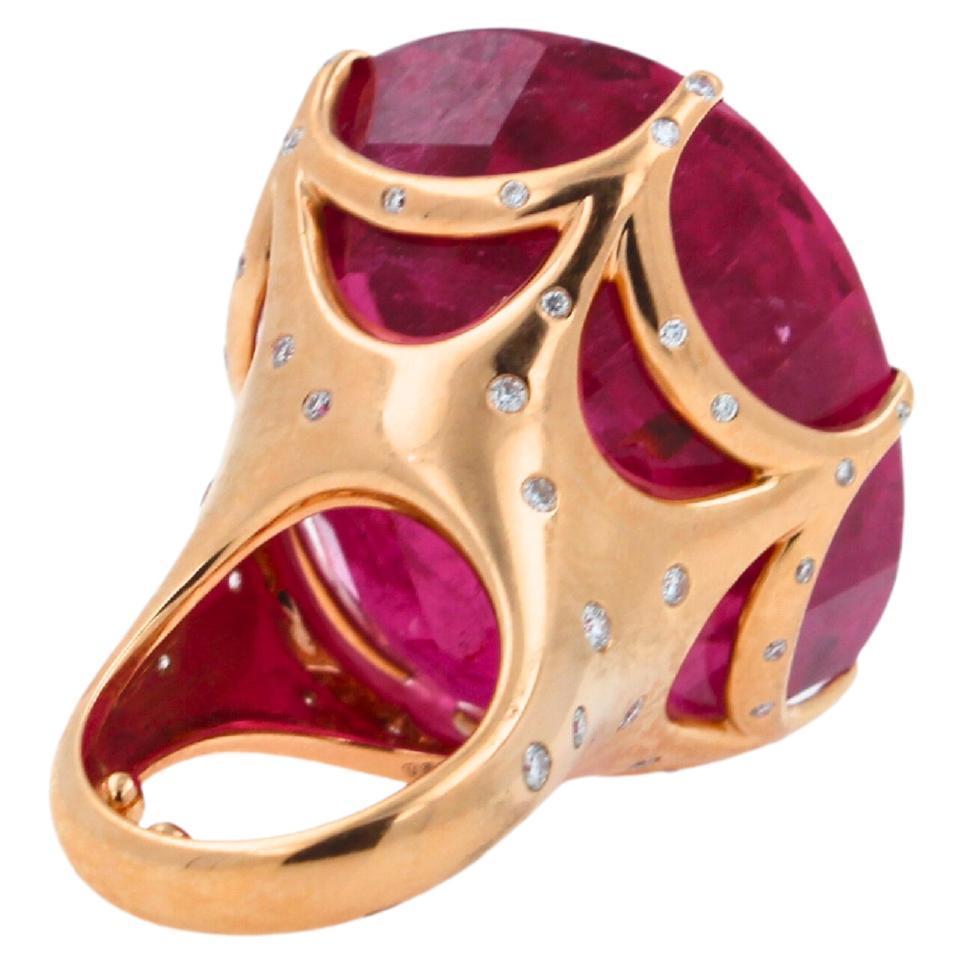 Huge Unique 110 Carats Red Pink Maroon Rubellite 18k Rose Gold Diamond Ring