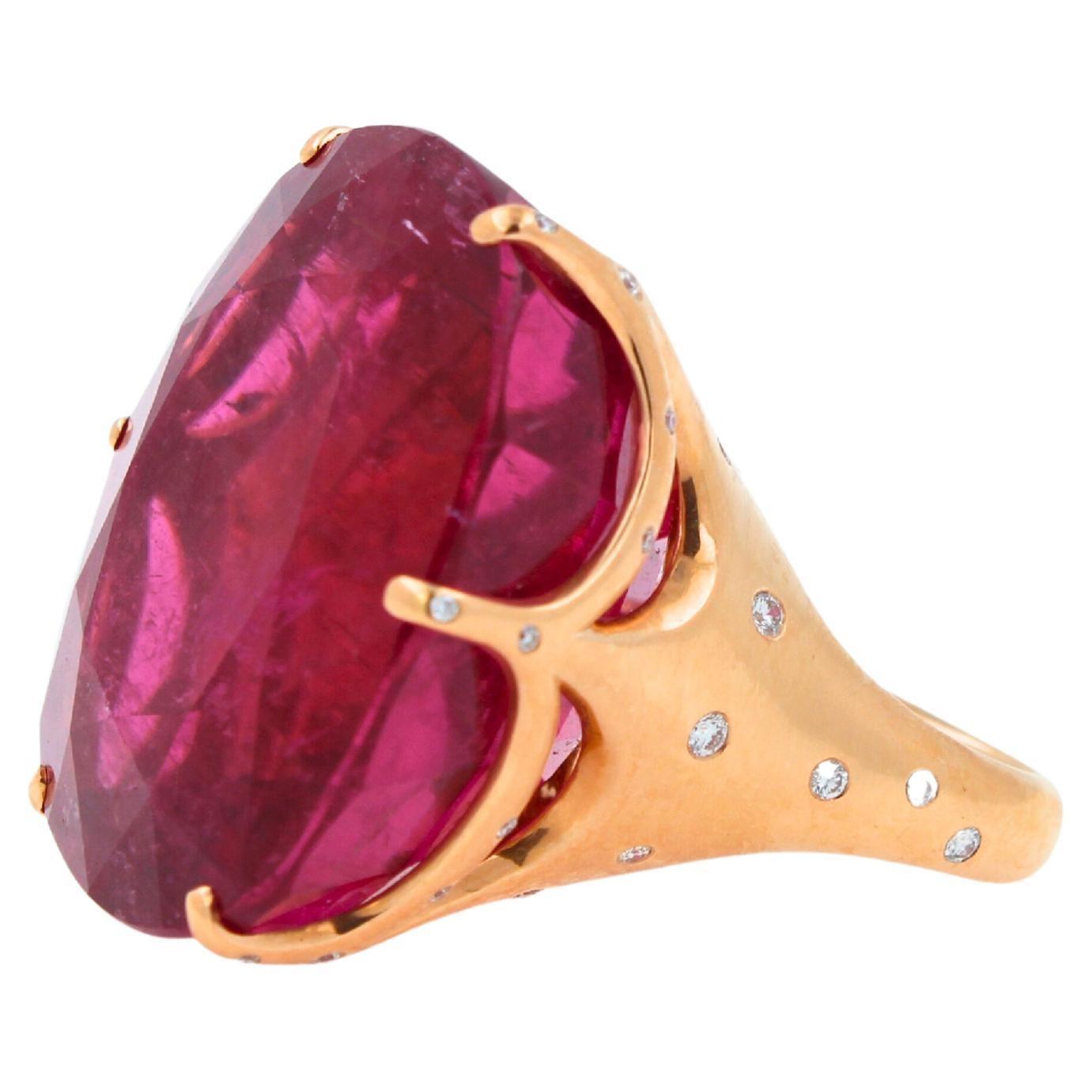 Huge Unique 110 Carats Red Pink Maroon Rubellite 18k Rose Gold Diamond Ring