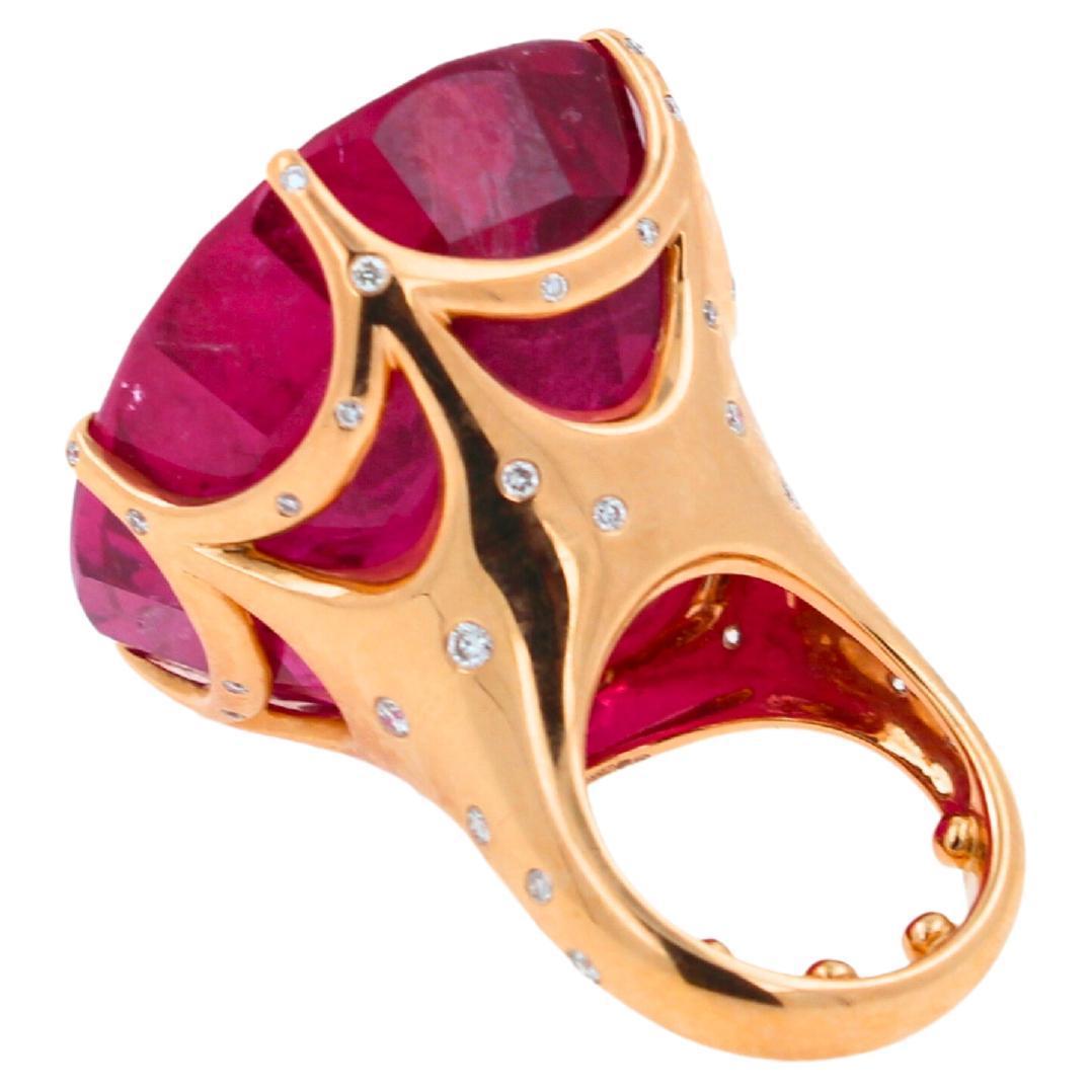 Huge Unique 110 Carats Red Pink Maroon Rubellite 18k Rose Gold Diamond Ring