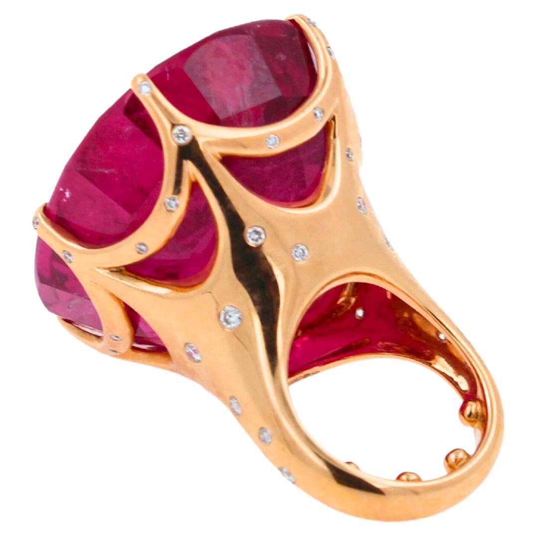 Huge Unique 110 Carats Red Pink Maroon Rubellite 18k Rose Gold Diamond Ring