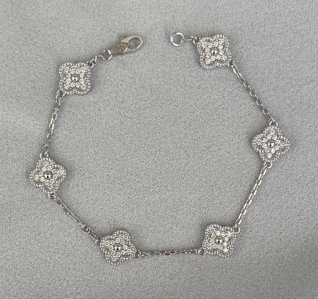 Van Cleef & Arpels Sweet Alhambra Diamond Pave 6 Motifs 18K White Gold Bracelet