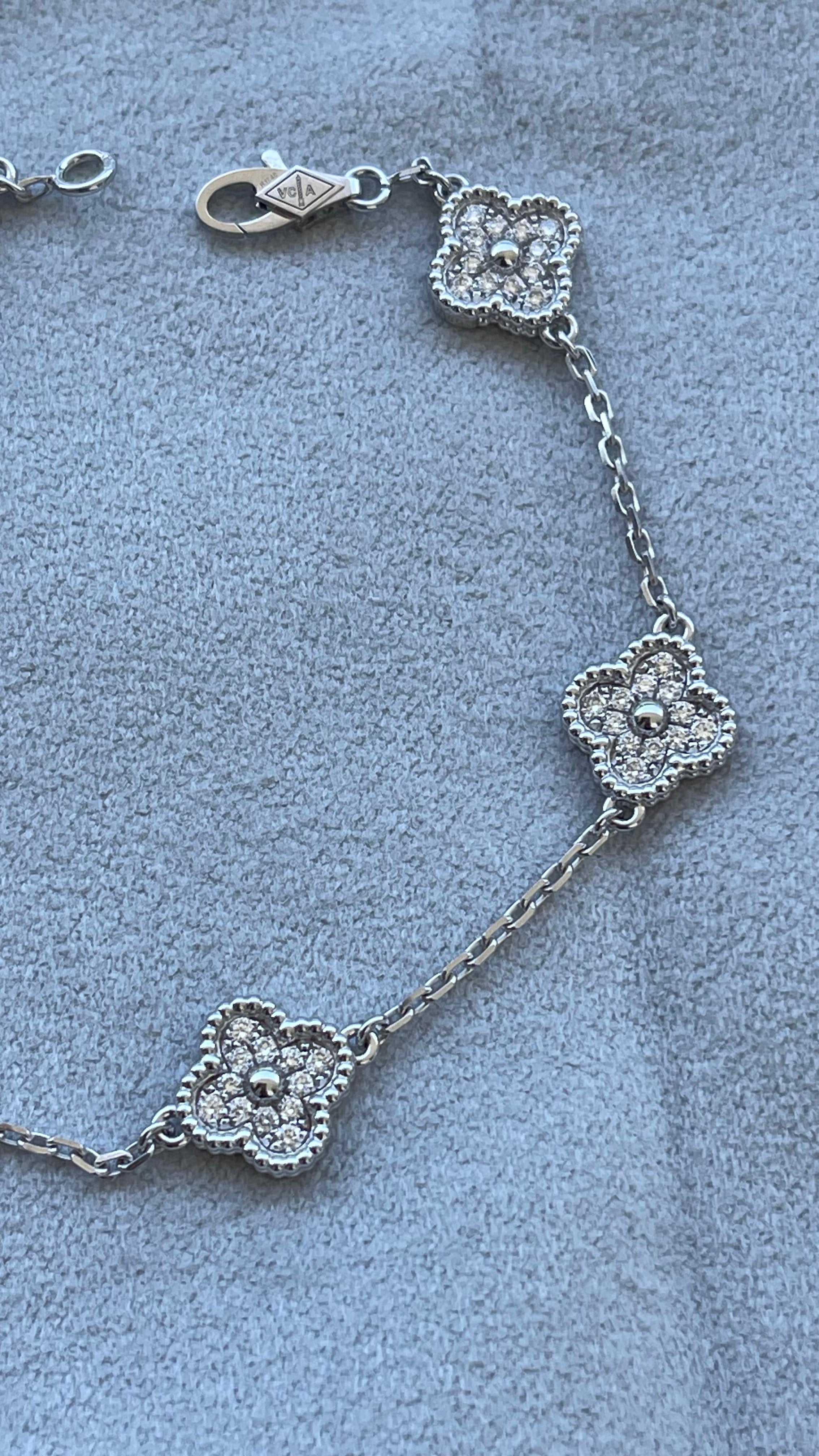 Van Cleef & Arpels Sweet Alhambra Diamond Pave 6 Motifs 18K White Gold Bracelet