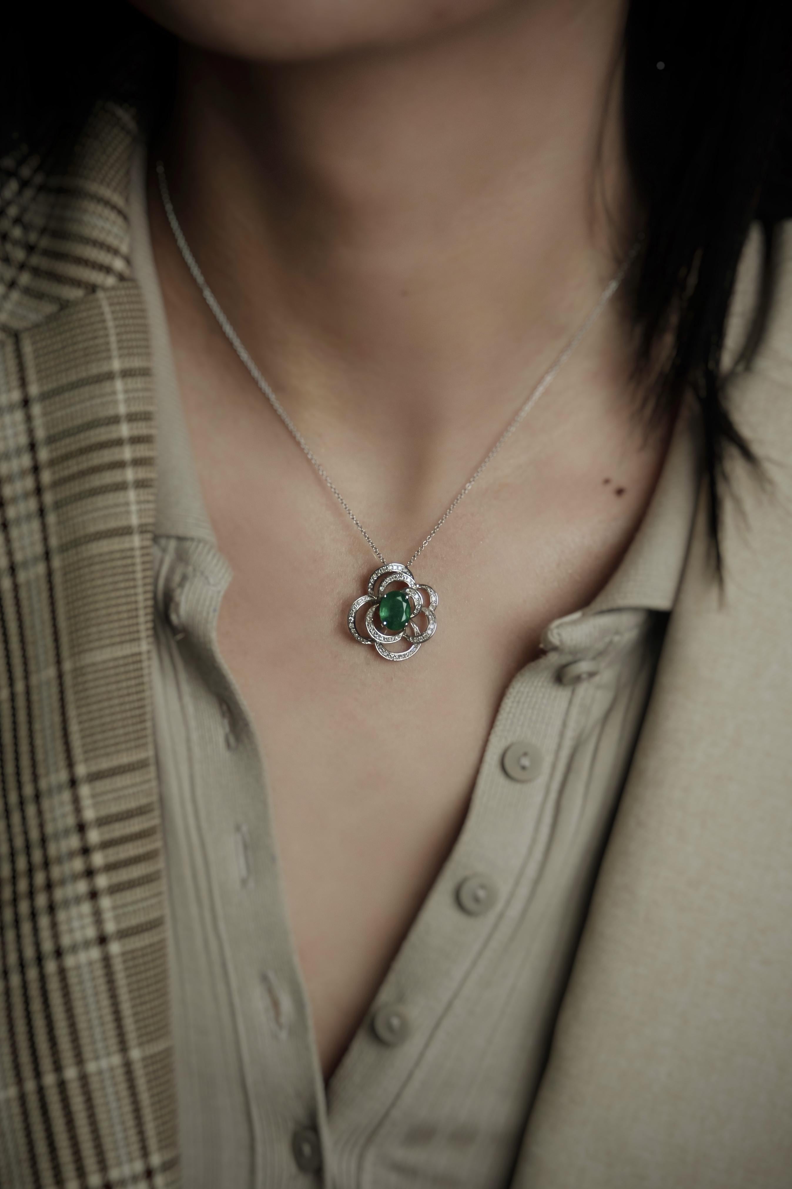 Oval Shape Green Emerald White Diamond Halo 14K White Gold Pendant Necklace