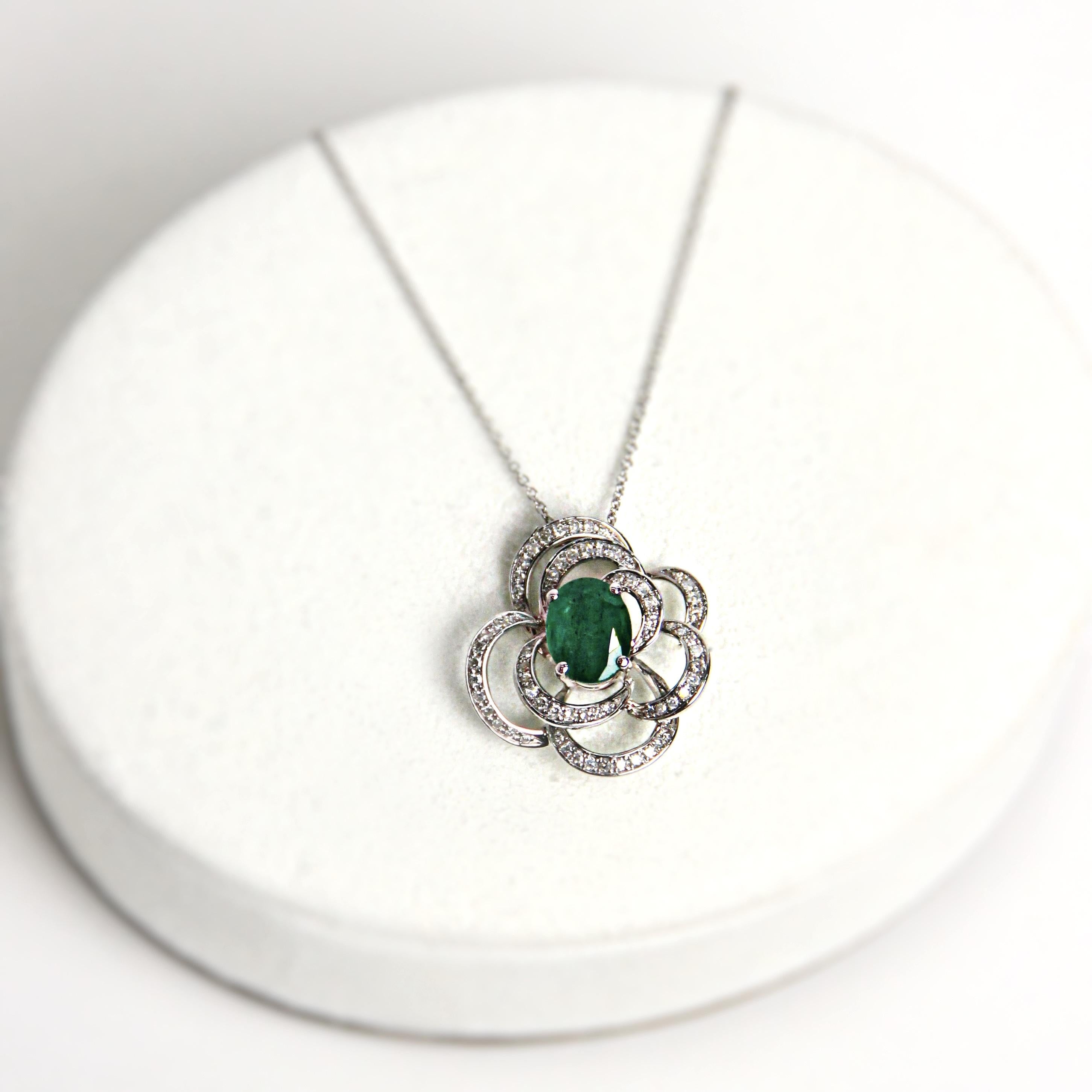 Oval Shape Green Emerald White Diamond Halo 14K White Gold Pendant Necklace