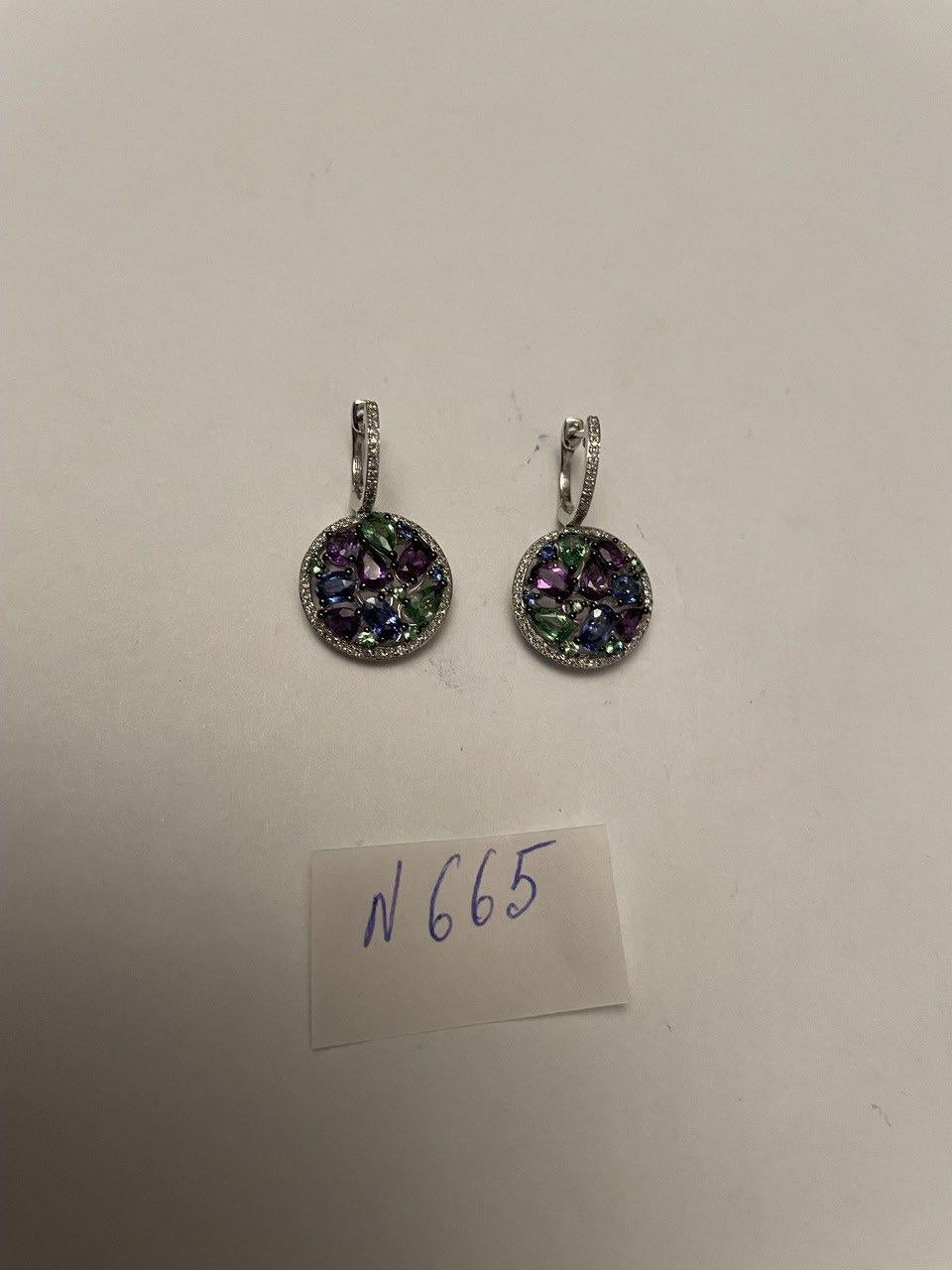 Purple Amethyst Blue Sapphire Green Tsavorite Diamonds 14K White Gold Earrings
