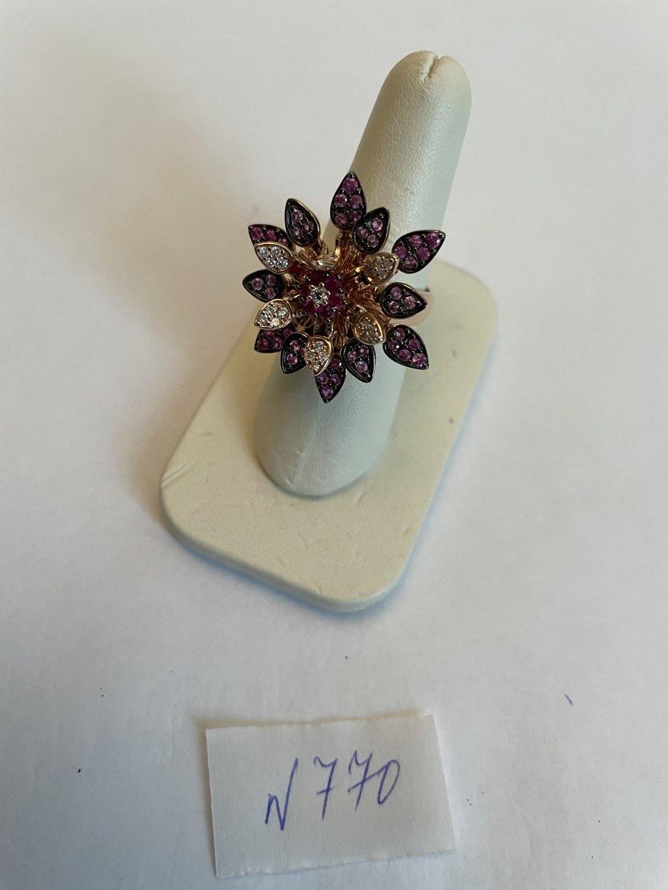 Red Pink Rubies Pave Set Diamonds Rose Gold Floral Flower Lotus Cocktail Ring