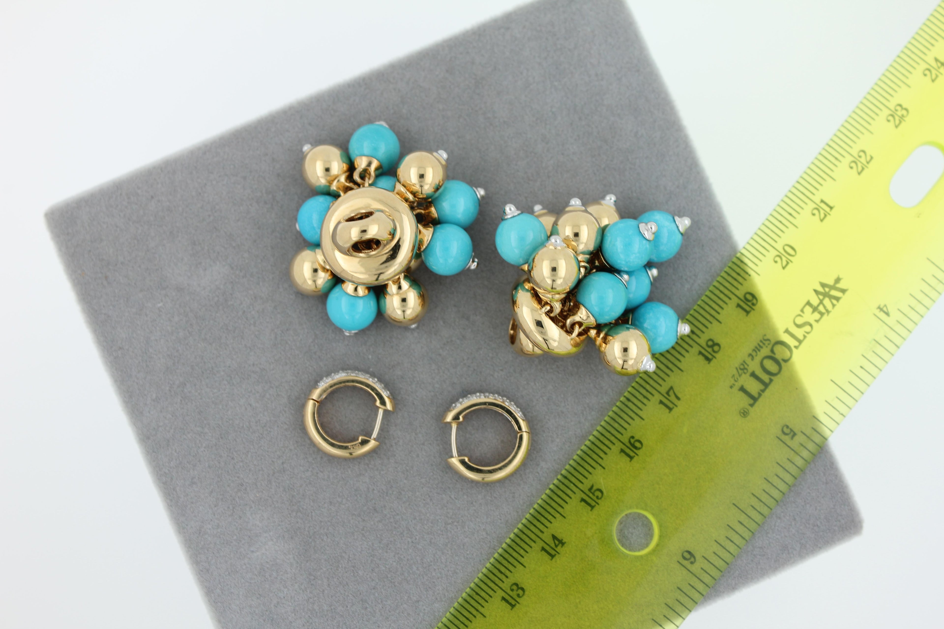 Blue Turquoise Diamonds Golden Sphere Bells Motif Two Tone Gold Huggie Earrings
