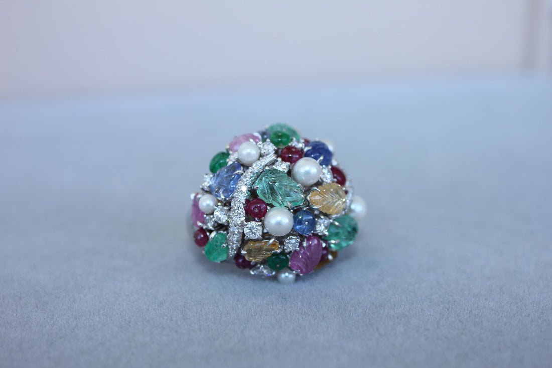 Multi Colors Sapphires Emeralds Ruby Diamond Scavia Unique 18K White Gold Ring