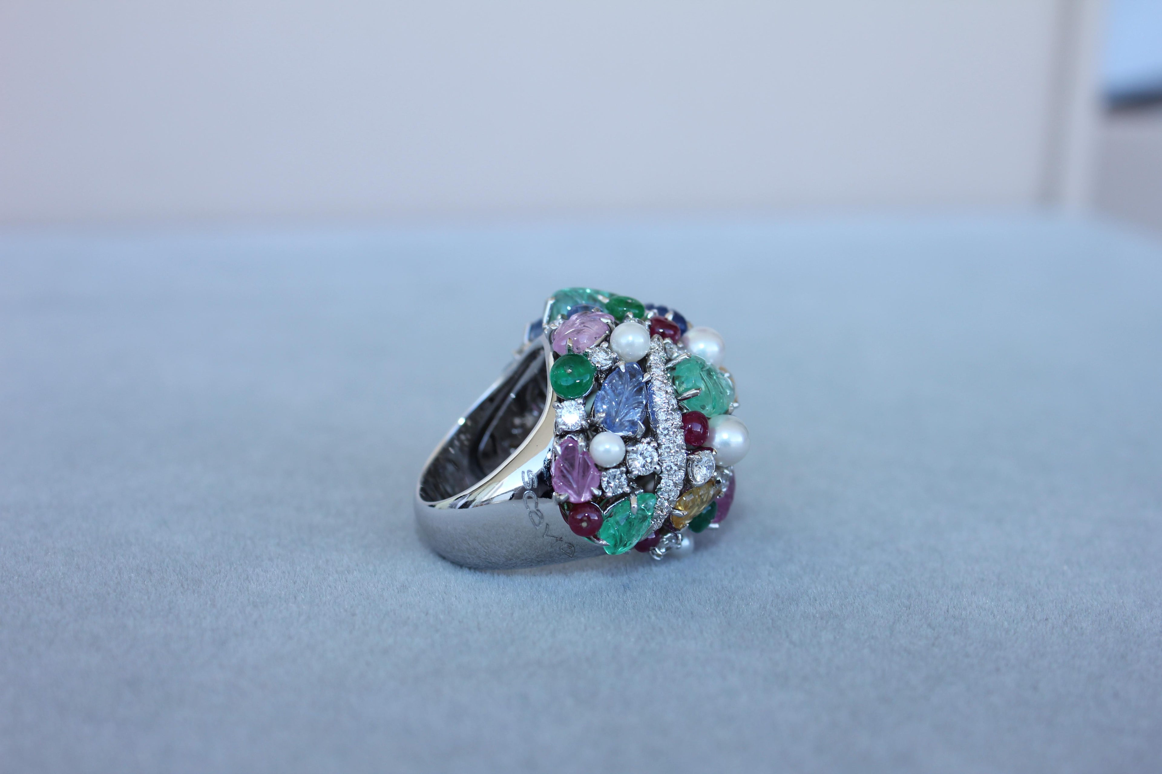 Multi Colors Sapphires Emeralds Ruby Diamond Scavia Unique 18K White Gold Ring
