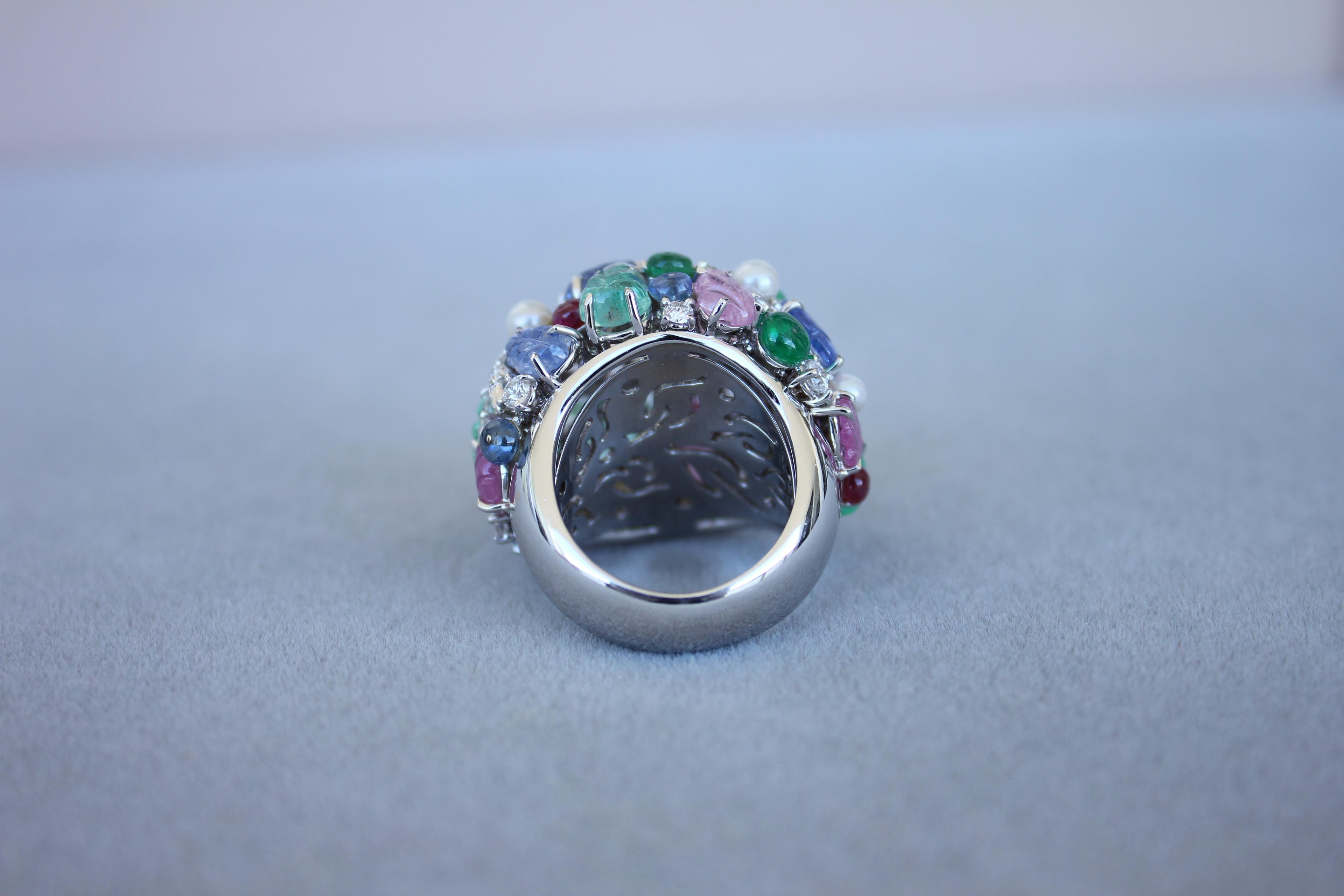 Multi Colors Sapphires Emeralds Ruby Diamond Scavia Unique 18K White Gold Ring