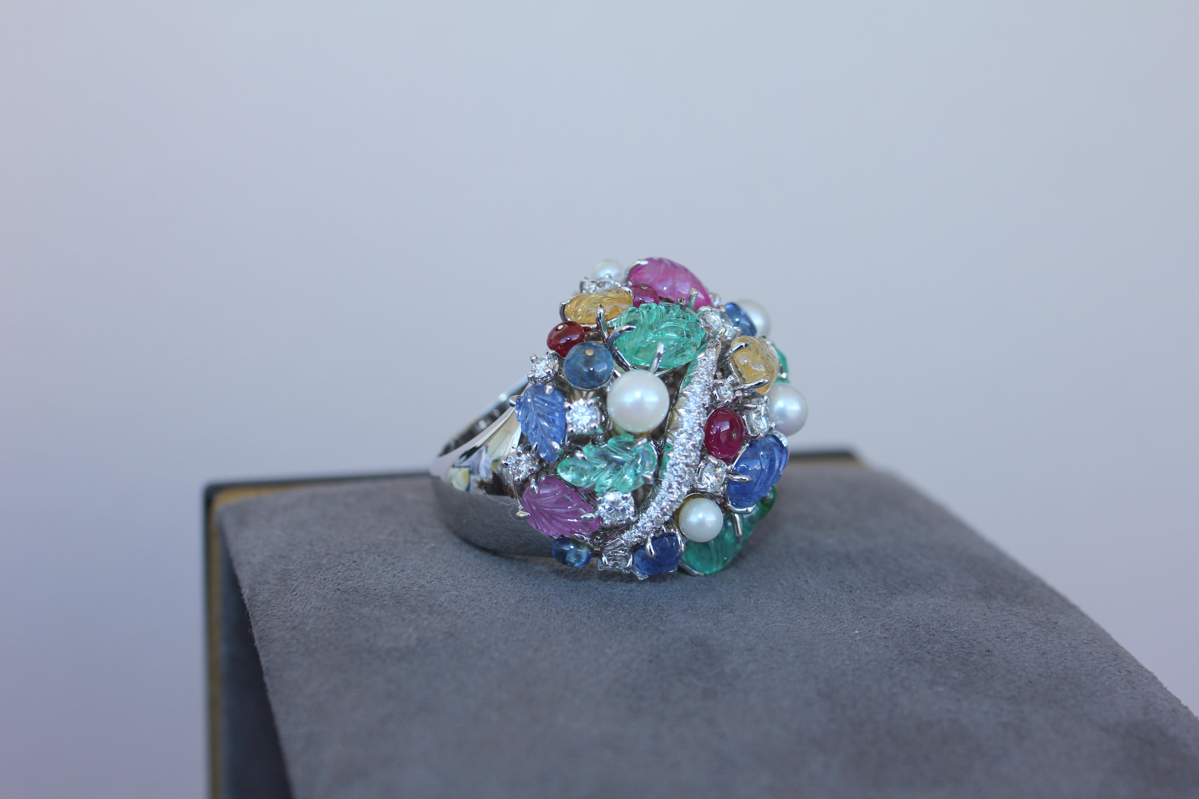 Multi Colors Sapphires Emeralds Ruby Diamond Scavia Unique 18K White Gold Ring