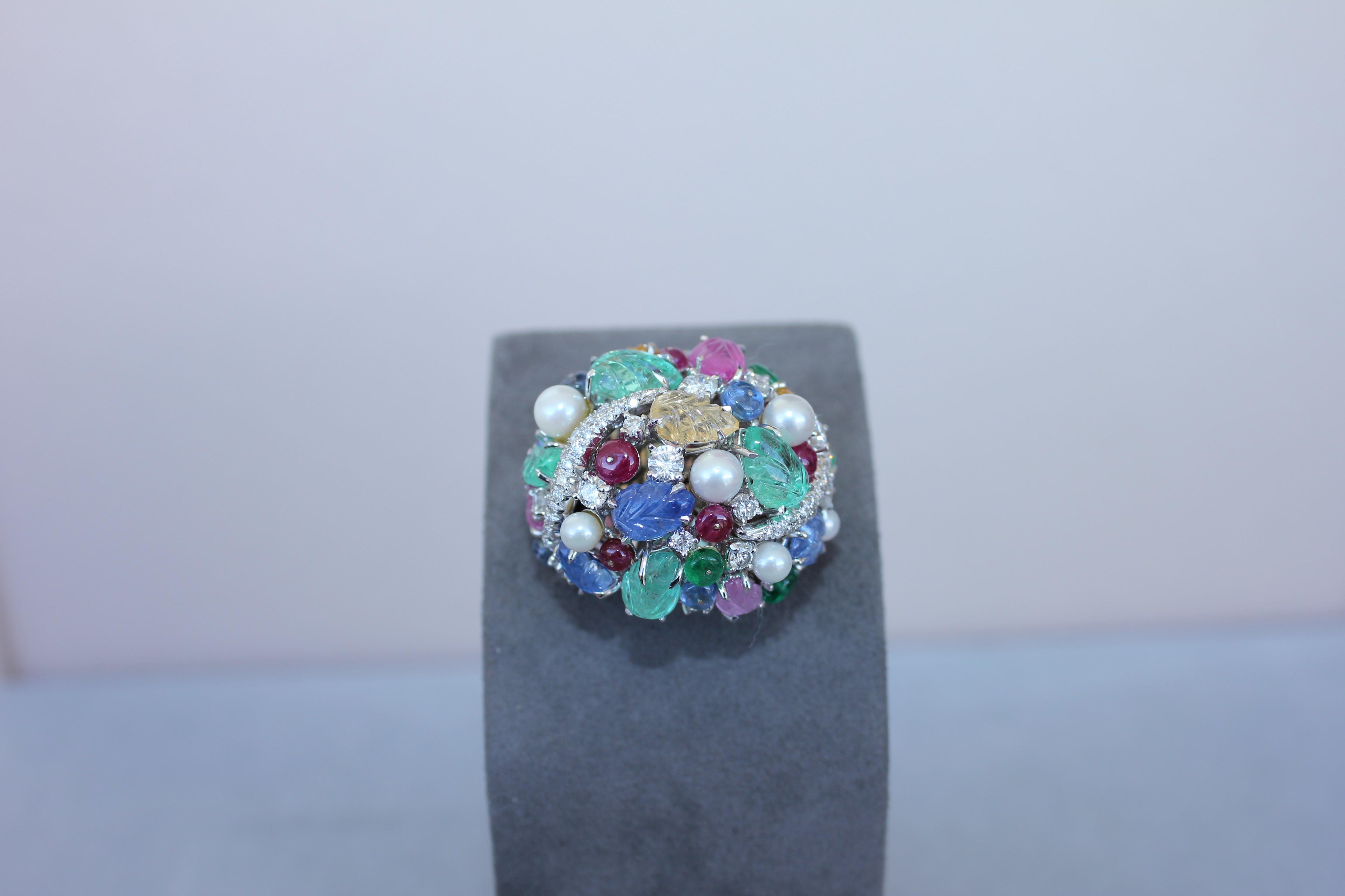 Multi Colors Sapphires Emeralds Ruby Diamond Scavia Unique 18K White Gold Ring