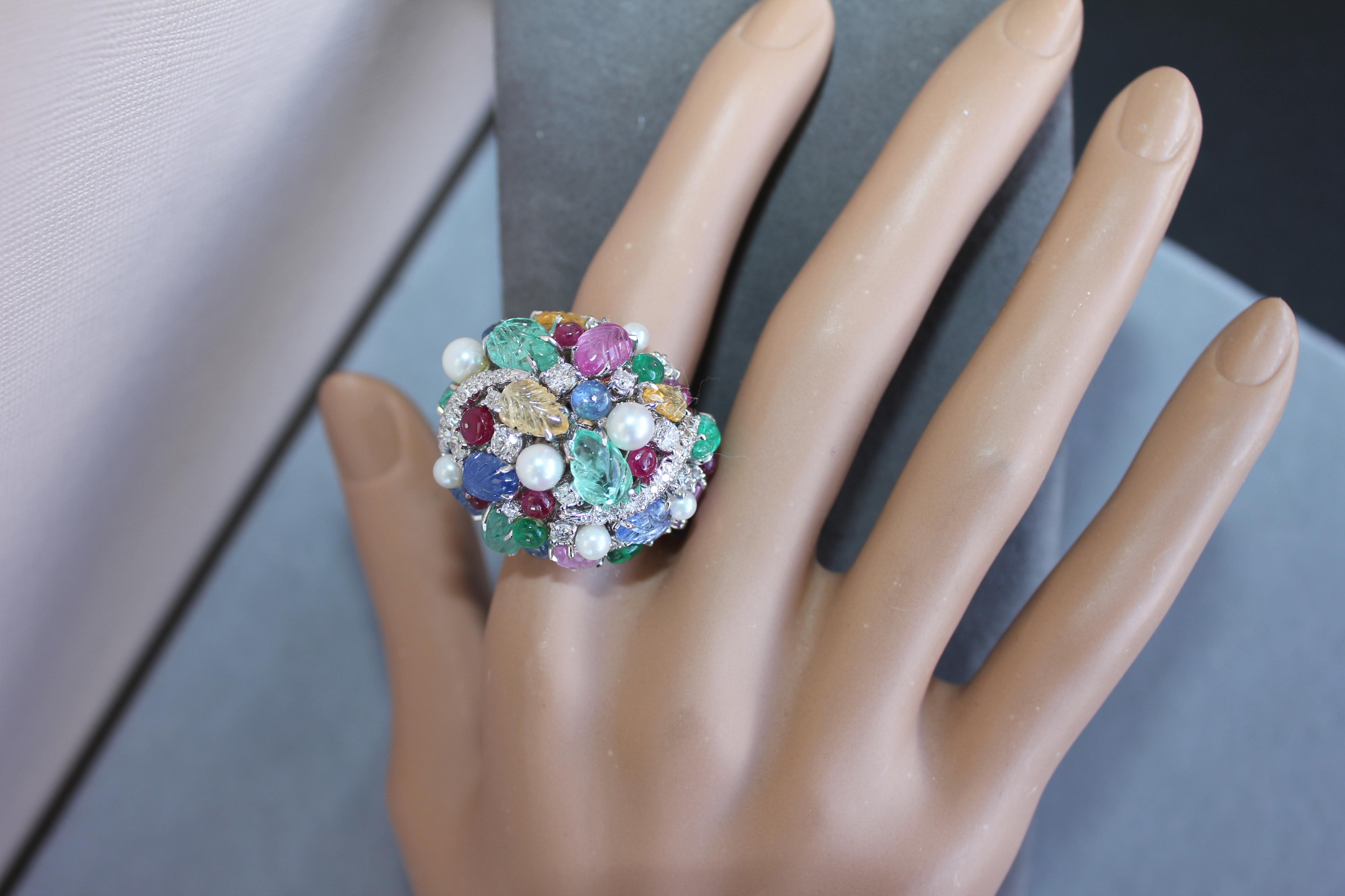 Multi Colors Sapphires Emeralds Ruby Diamond Scavia Unique 18K White Gold Ring