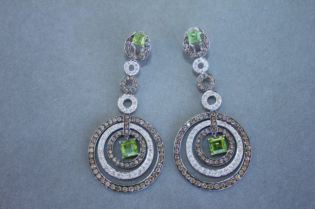 Green Peridot Faceted Square White & Brown Diamond 18K White Black Gold Earrings