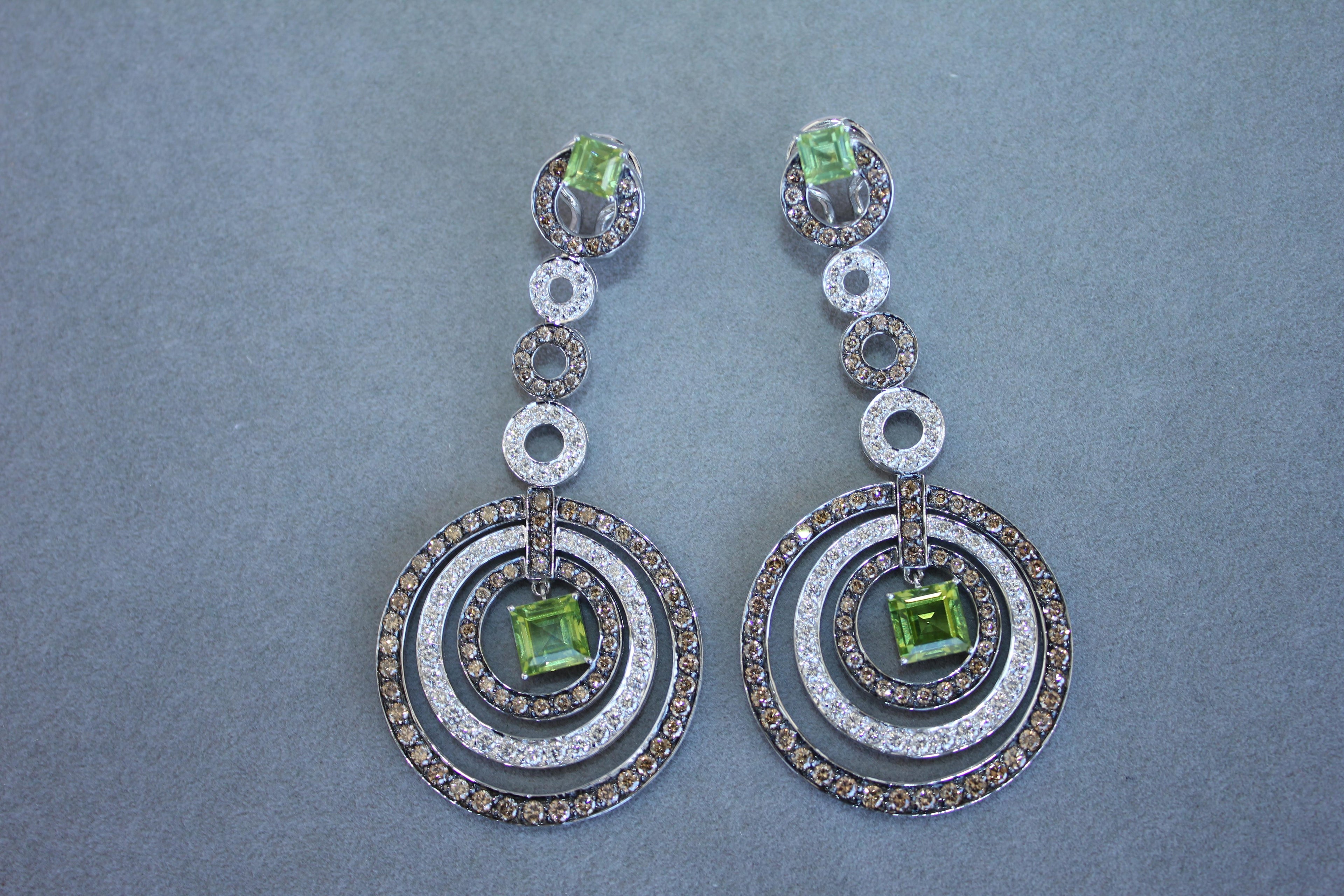 Green Peridot Faceted Square White & Brown Diamond 18K White Black Gold Earrings