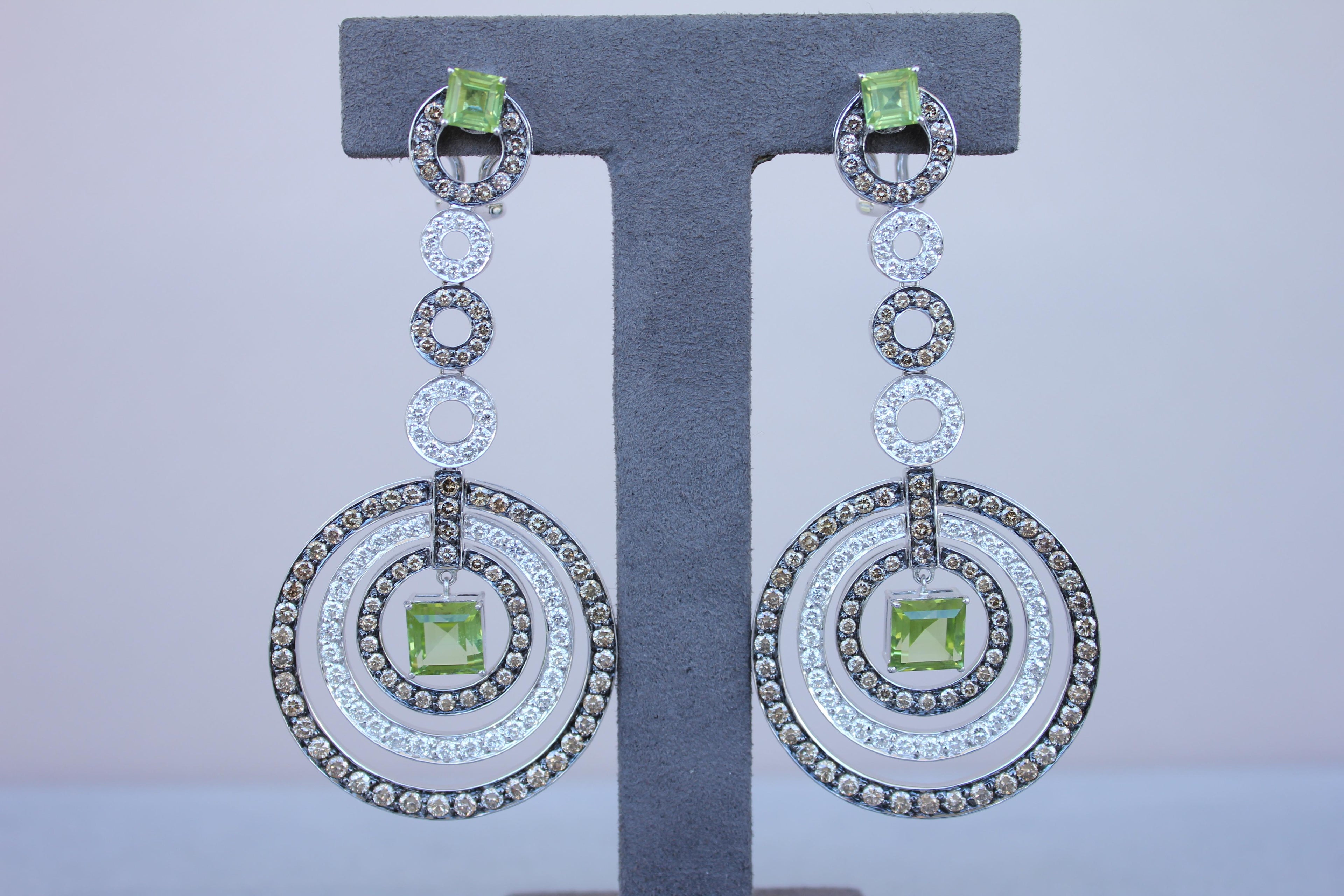 Green Peridot Faceted Square White & Brown Diamond 18K White Black Gold Earrings
