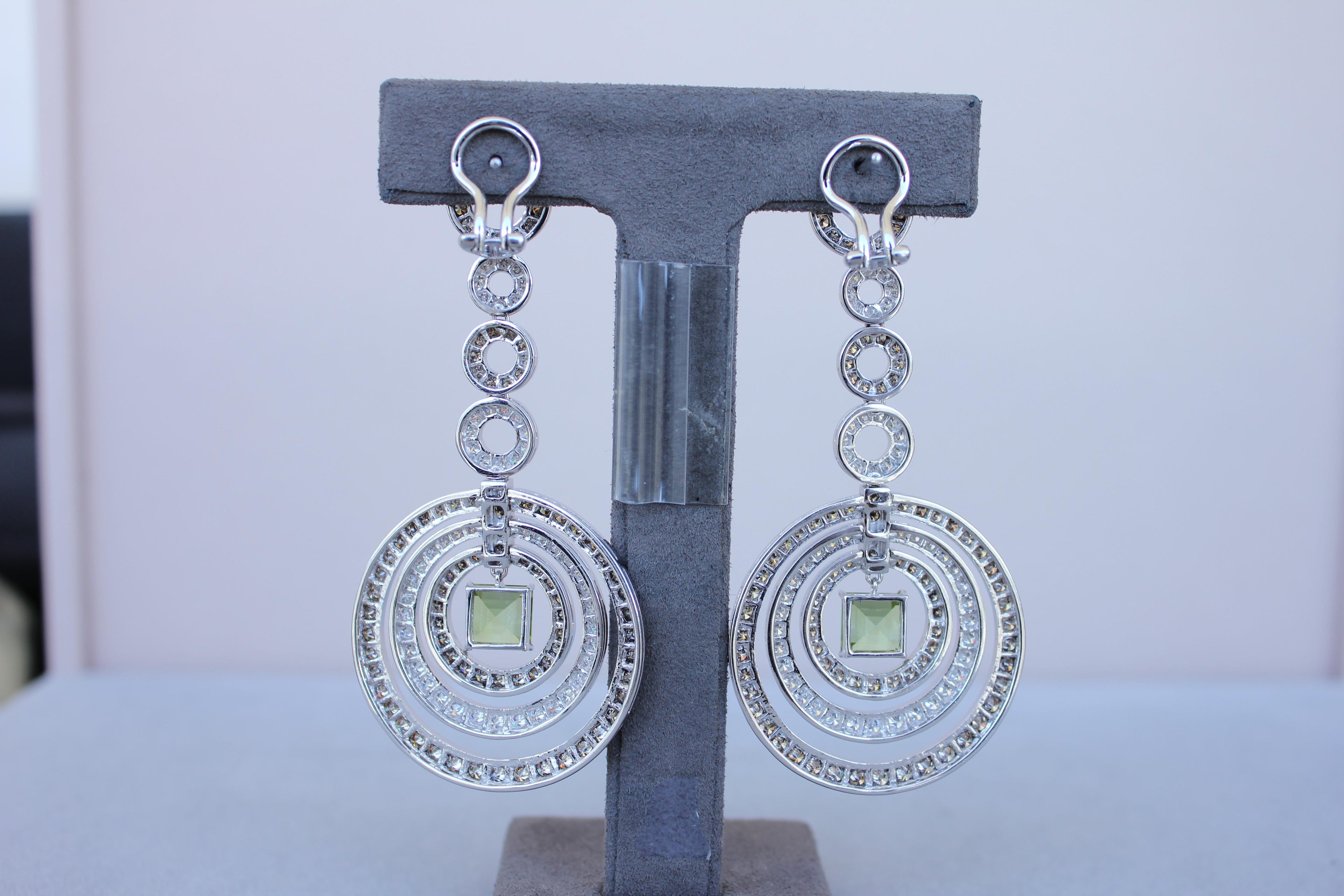 Green Peridot Faceted Square White & Brown Diamond 18K White Black Gold Earrings