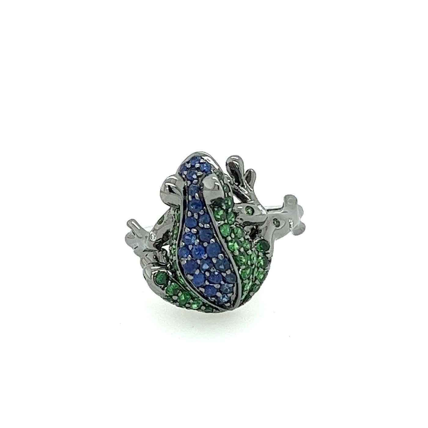 Blue Sapphire Pave & Green Tsavorite Frog 18K White Gold Statement Animal Ring